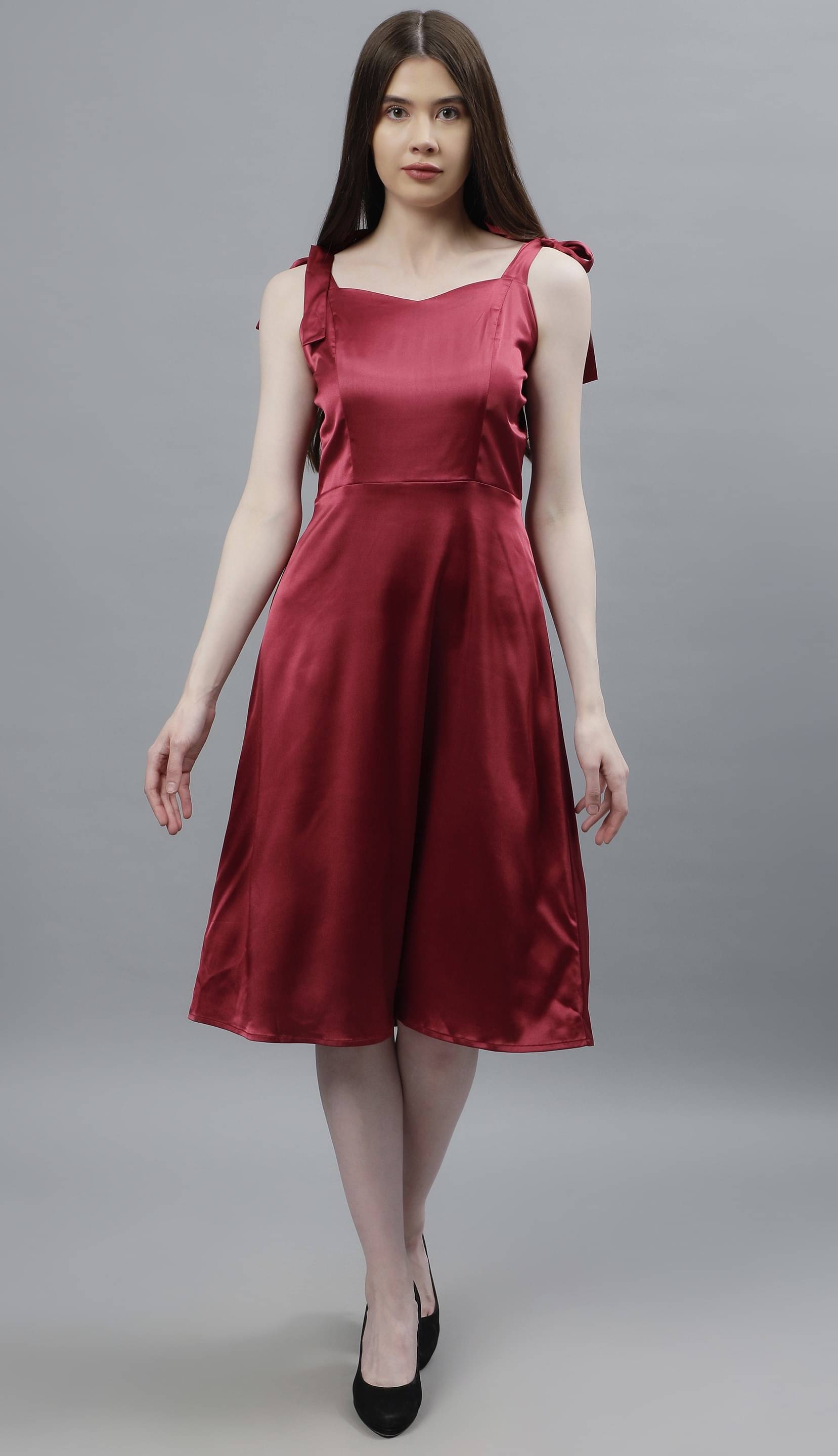 NUEVOSDAMAS Women Satin Solid Fit & Flare Dress ( Maroon ) NUEVOSDAMAS Women Satin Solid Fit & Flare Dress ( Maroon )