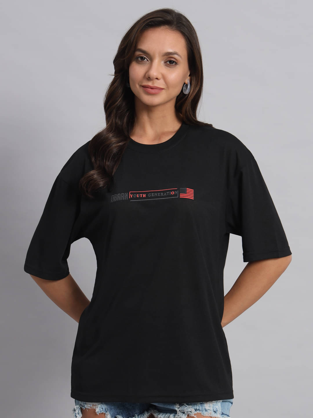     			OBAAN Women Cotton Blend Solid Oversized Fit Round Neck T-Shirt ( Black )