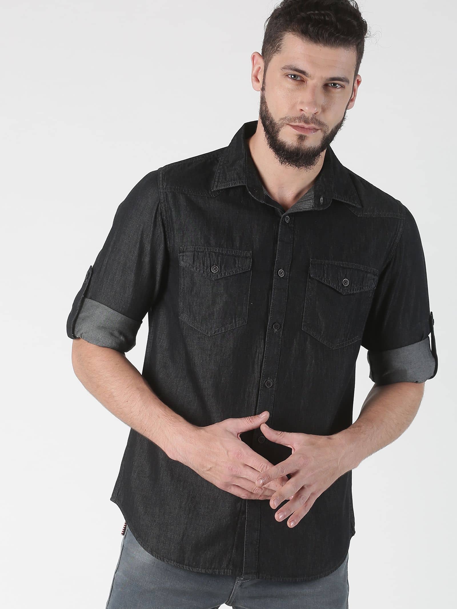 OJASS Denim Regular Fit Solids Rollup Sleeves Men's Casual Shirt - Black ( Pack of 1 )