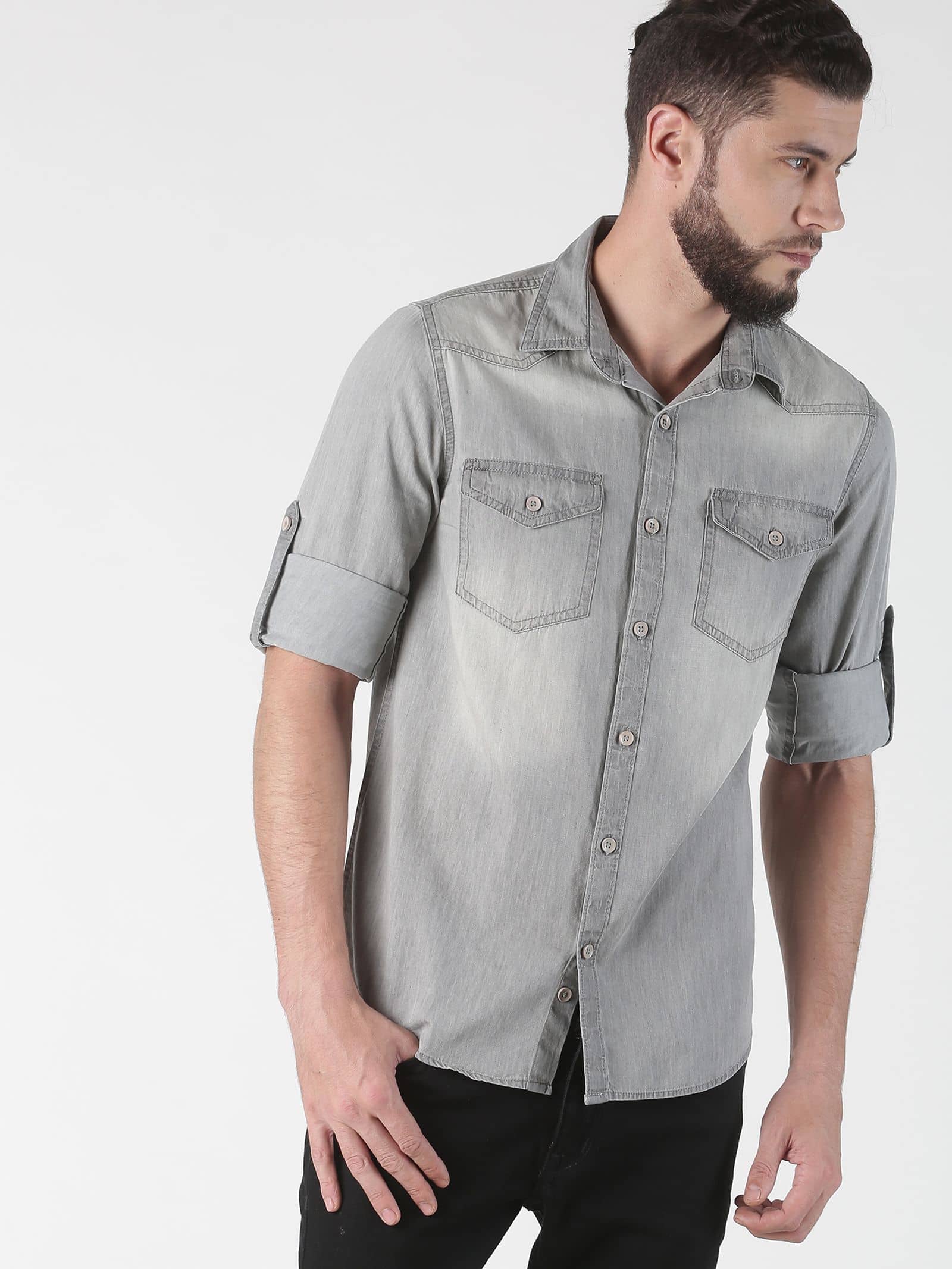 OJASS Denim Regular Fit Self Design Full Sleeves Men's Casual Shirt - Grey ( Pack of 1 )