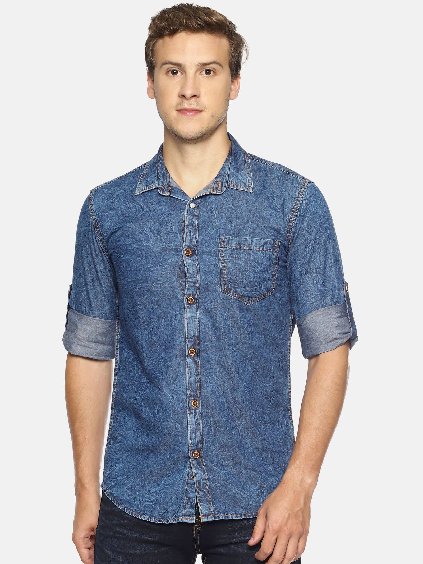 OJASS Denim Regular Fit Self Design Full Sleeves Men's Casual Shirt - Blue ( Pack of 1 )