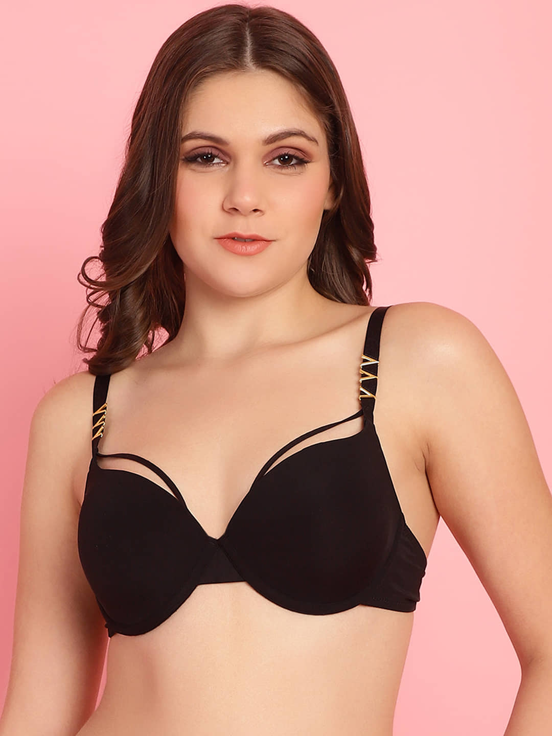 PrettyCat Polyester Lightly Padded Women's Push Up Bra ( Black ) PC-BR-7016-BLK