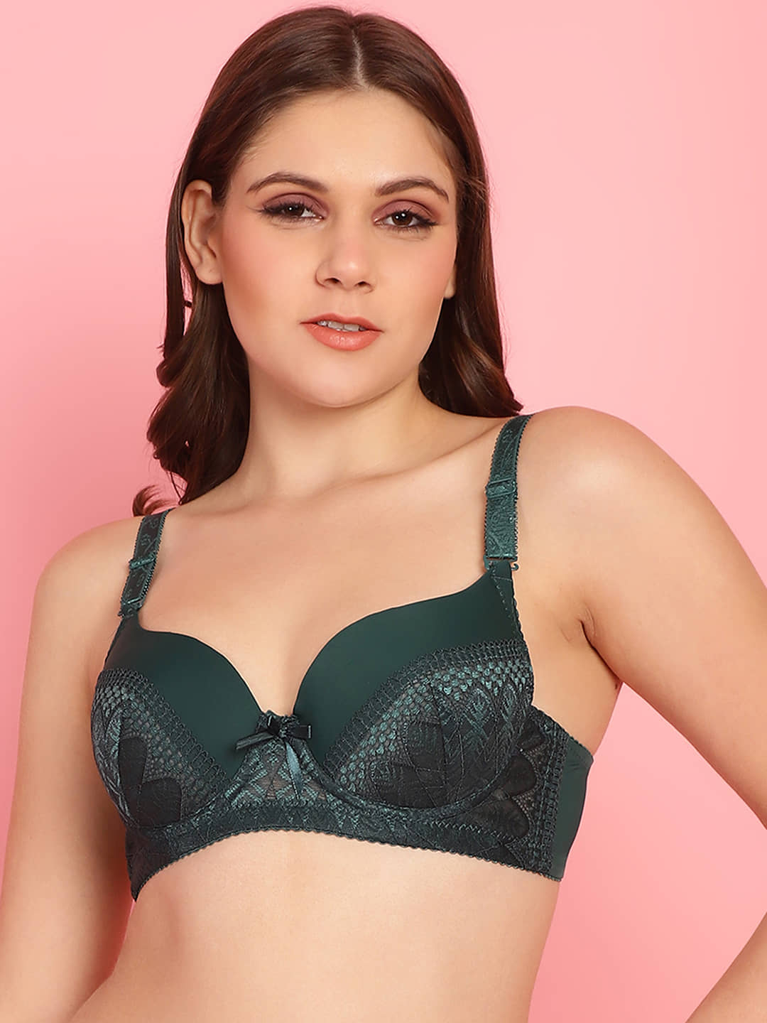 PrettyCat Lace Lightly Padded Women's T-Shirt Bra ( Green ) PC-BR-7018-GRN