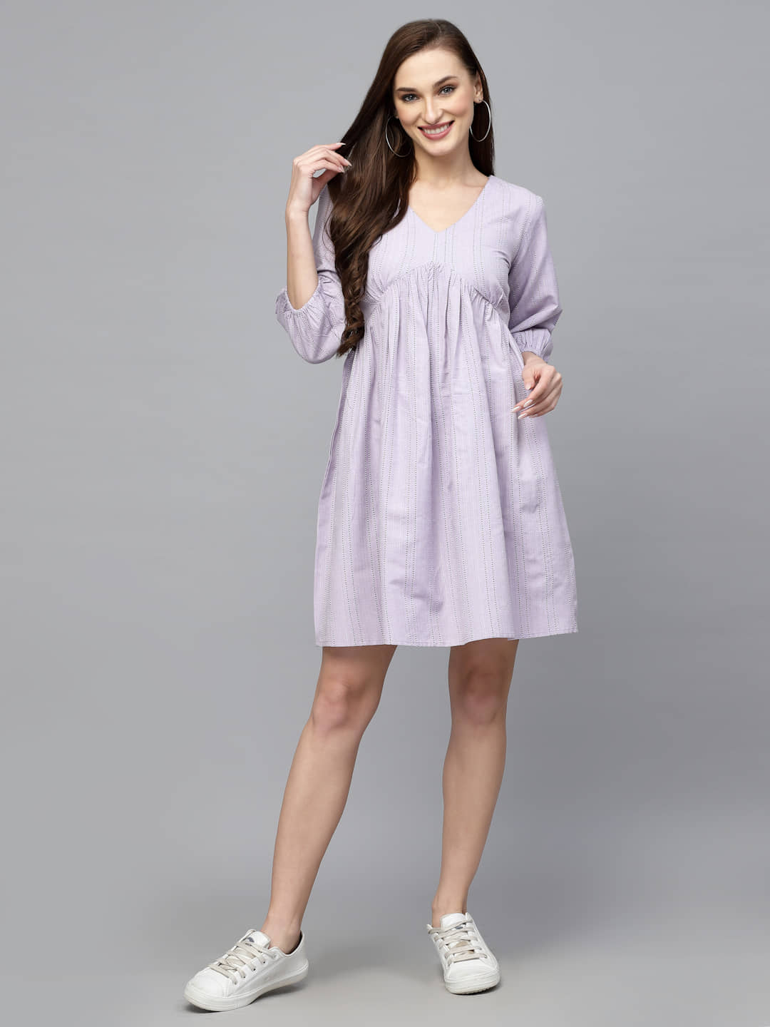 Stylum Cotton Blend Striped Above Knee Women's Fit & Flare Dress - Lavender ( Pack of 1 )