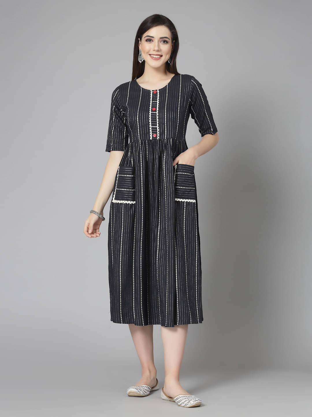 Stylum Cotton Blend Striped Midi Women's A-line Dress - Black ( Pack of 1 ) Stylum Cotton Blend Striped Midi Women's A-line Dress - Black ( Pack of 1 )