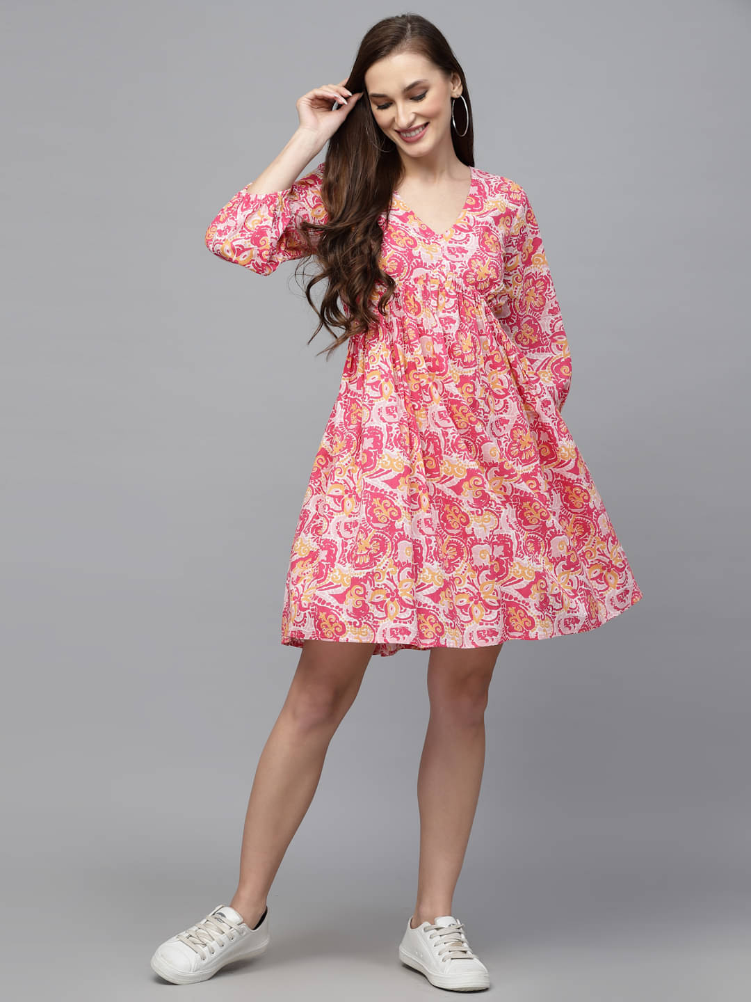     			Stylum Women Cotton Printed Fit & Flare Dress ( Pink )