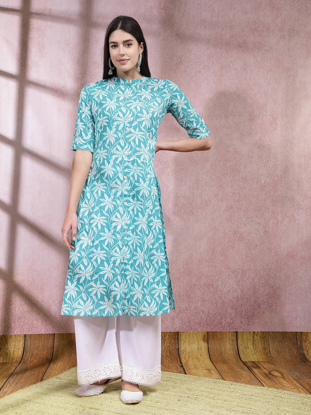     			Stylum Cotton Printed Front Slit Women's Kurti - Turquoise ( Pack of 1 )