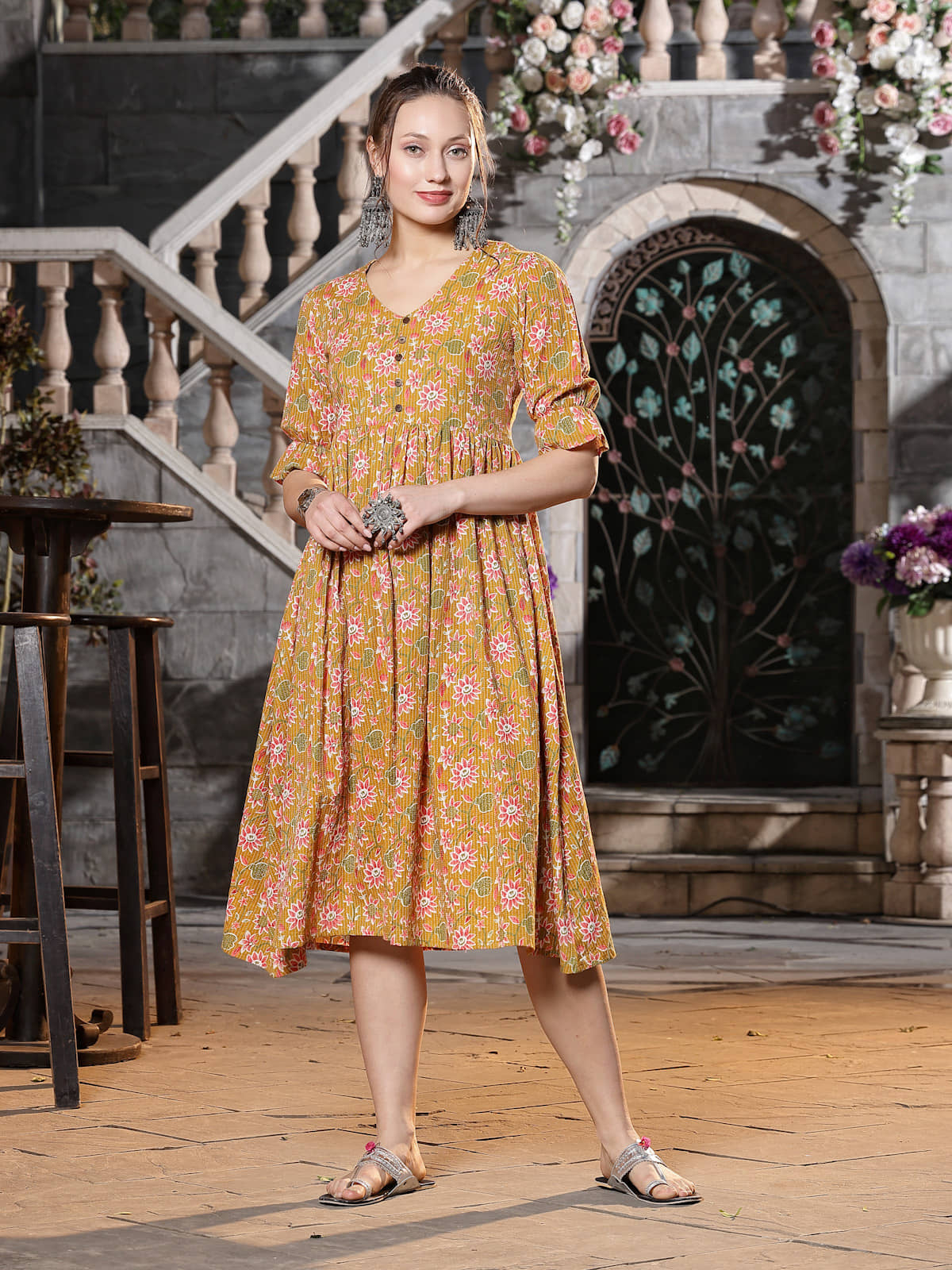 Stylum Women Cotton Printed Ethnic Dress ( Mustard )
