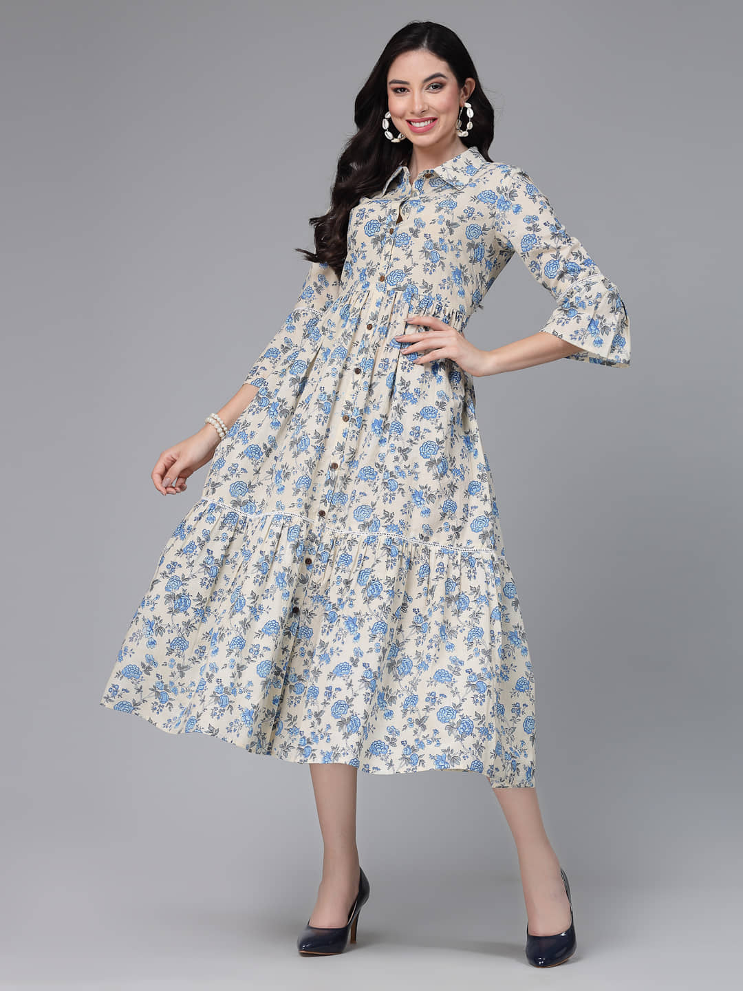 Stylum Cotton Printed Midi Women's Shirt Dress - Cream ( Pack of 1 )