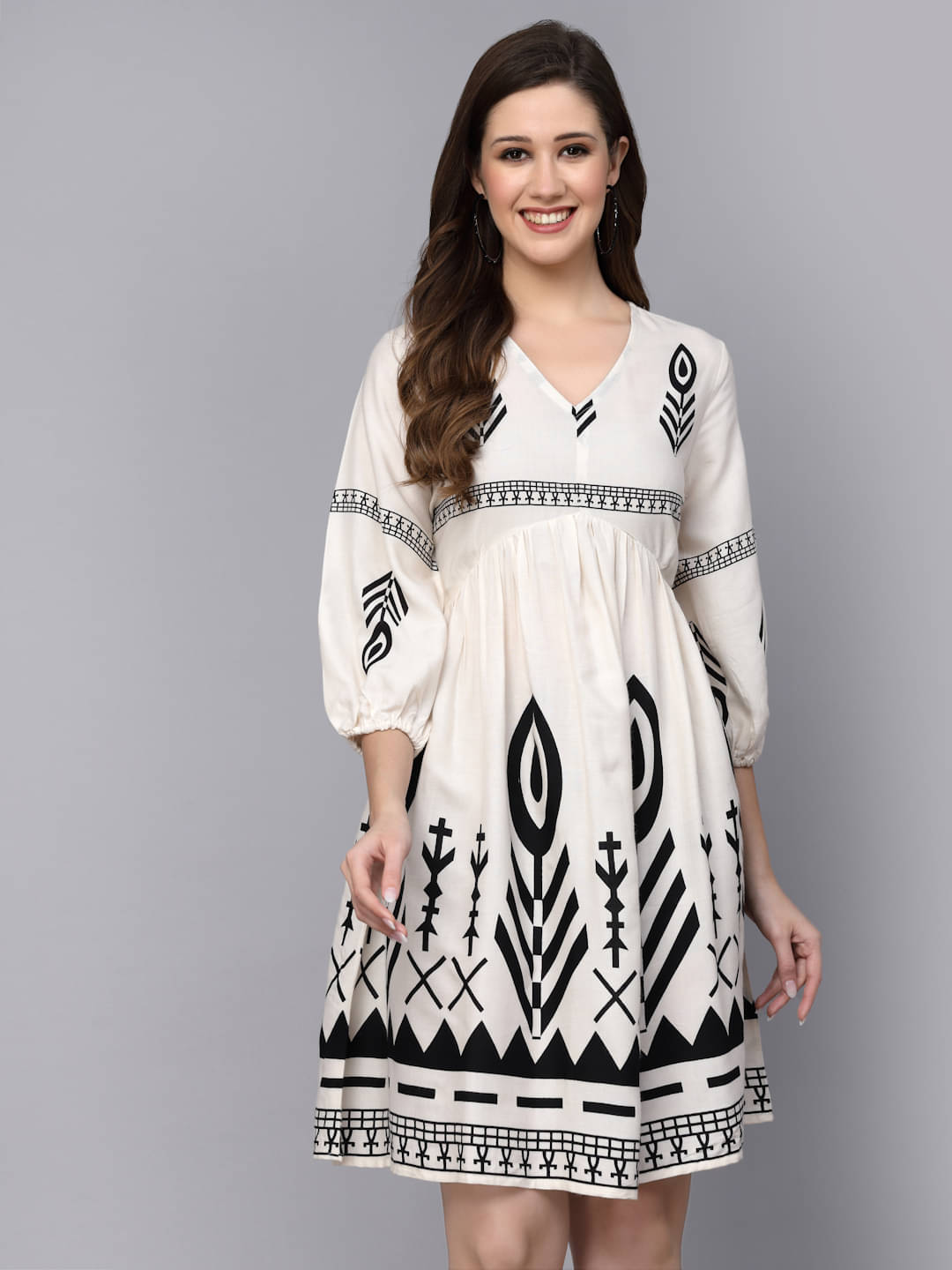     			Stylum Women Rayon Printed Fit & Flare Dress ( Off White )