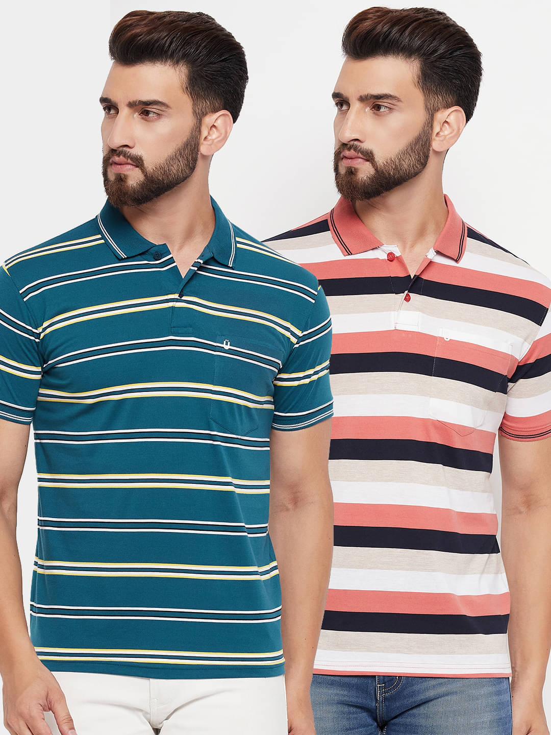     			UNIBERRY Pack of 2 Cotton Blend Regular Fit Striped Half Sleeves Men's Polo T Shirt ( Teal Blue )