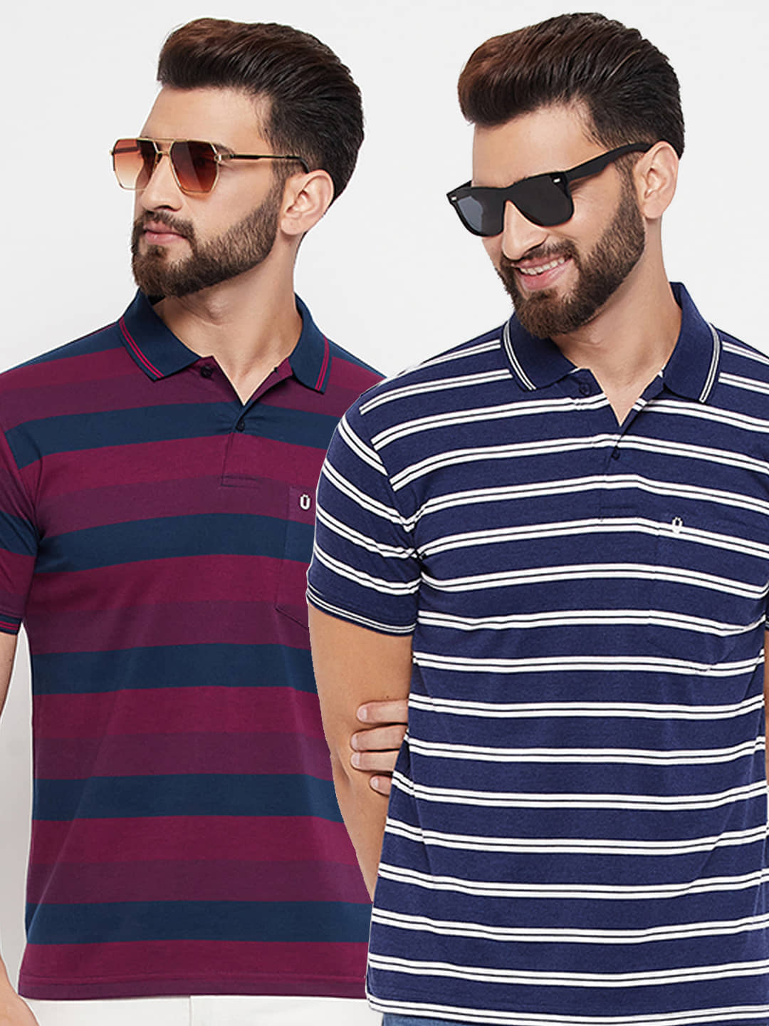 UNIBERRY Pack of 2 Cotton Blend Regular Fit Striped Half Sleeves Men's Polo T Shirt ( Navy Blue )