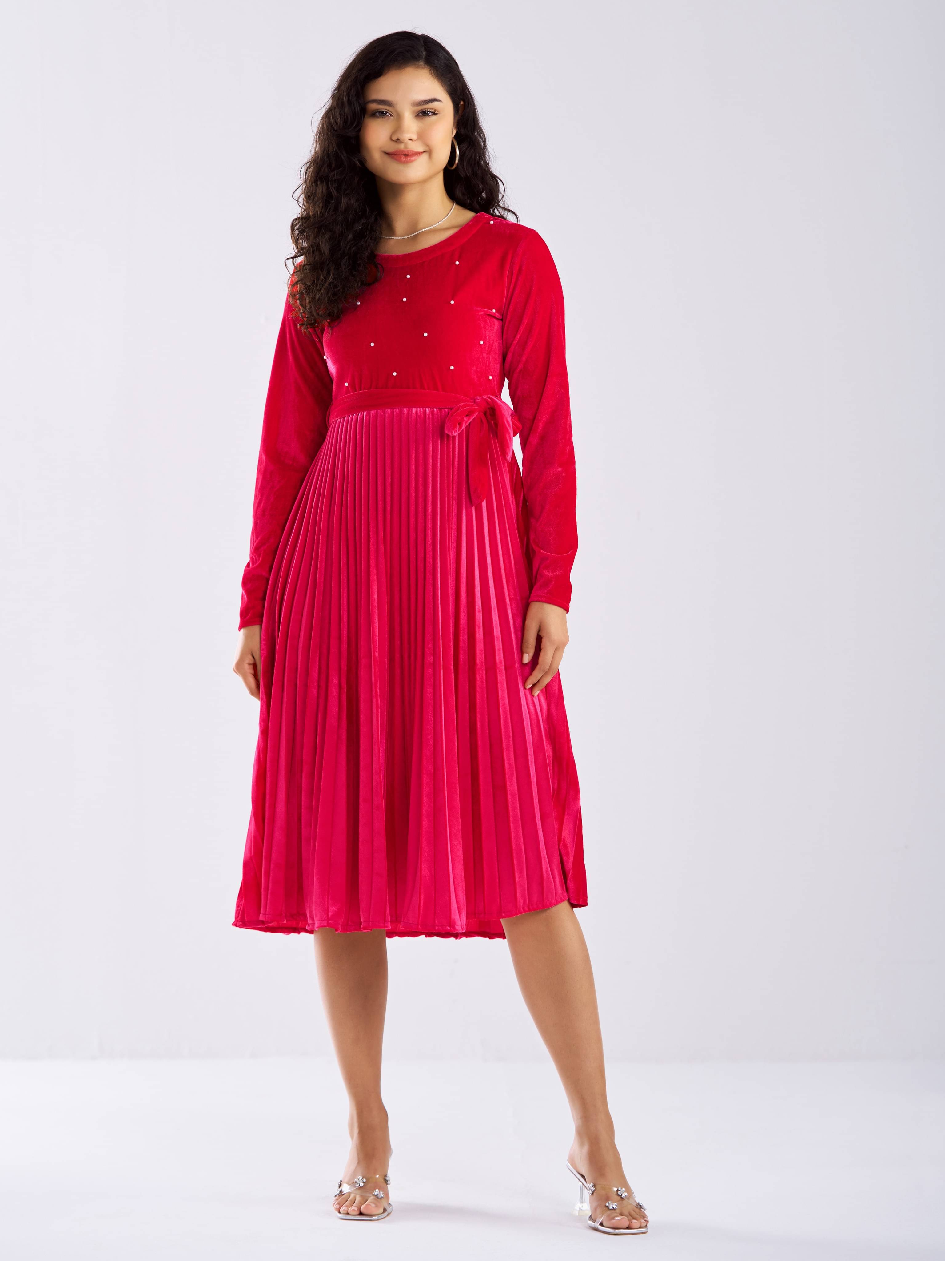 aask Women Velvet Solid Fit & Flare Dress ( Pink ) aask Women Velvet Solid Fit & Flare Dress ( Pink )