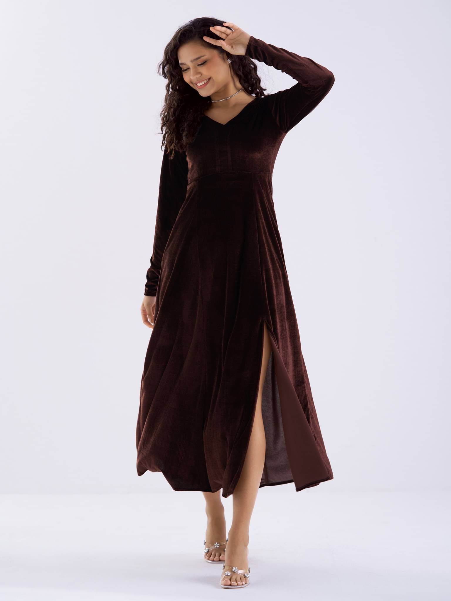 aask Women Velvet Solid Fit & Flare Dress ( Brown ) aask Women Velvet Solid Fit & Flare Dress ( Brown )
