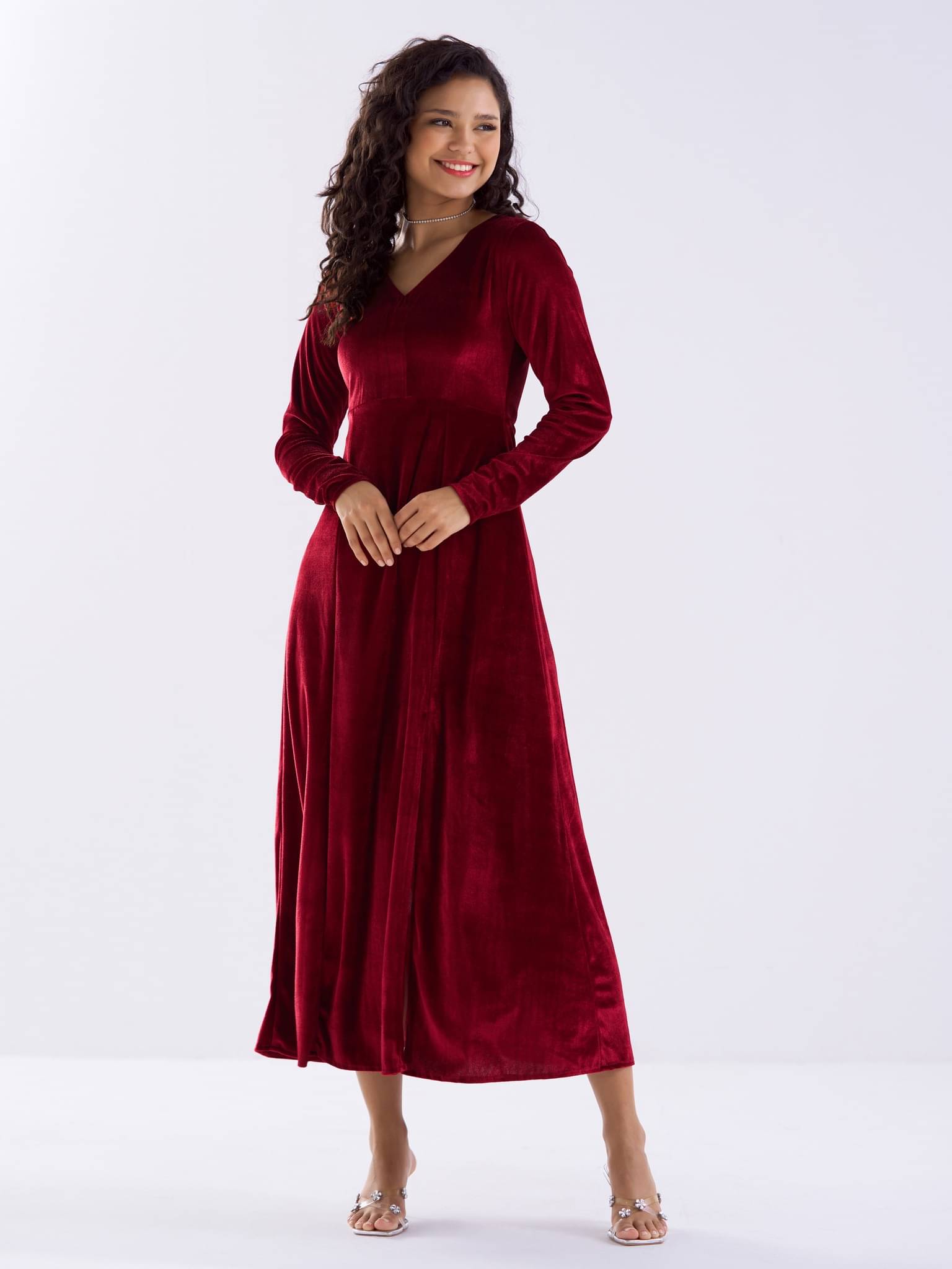 aask Women Velvet Solid Fit & Flare Dress ( Maroon ) aask Women Velvet Solid Fit & Flare Dress ( Maroon )