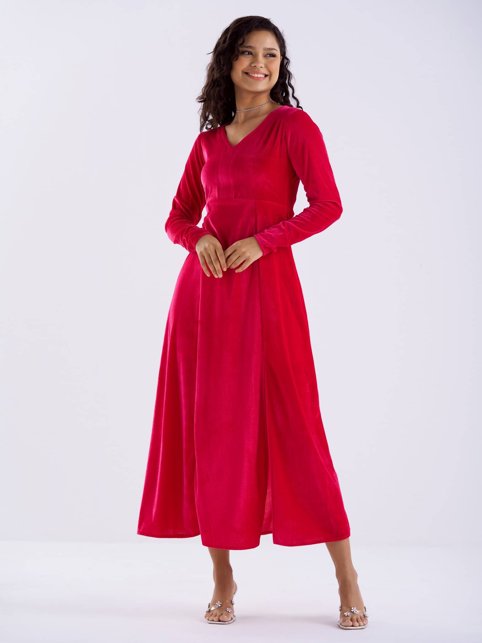     			aask Women Velvet Solid Fit & Flare Dress ( Pink )