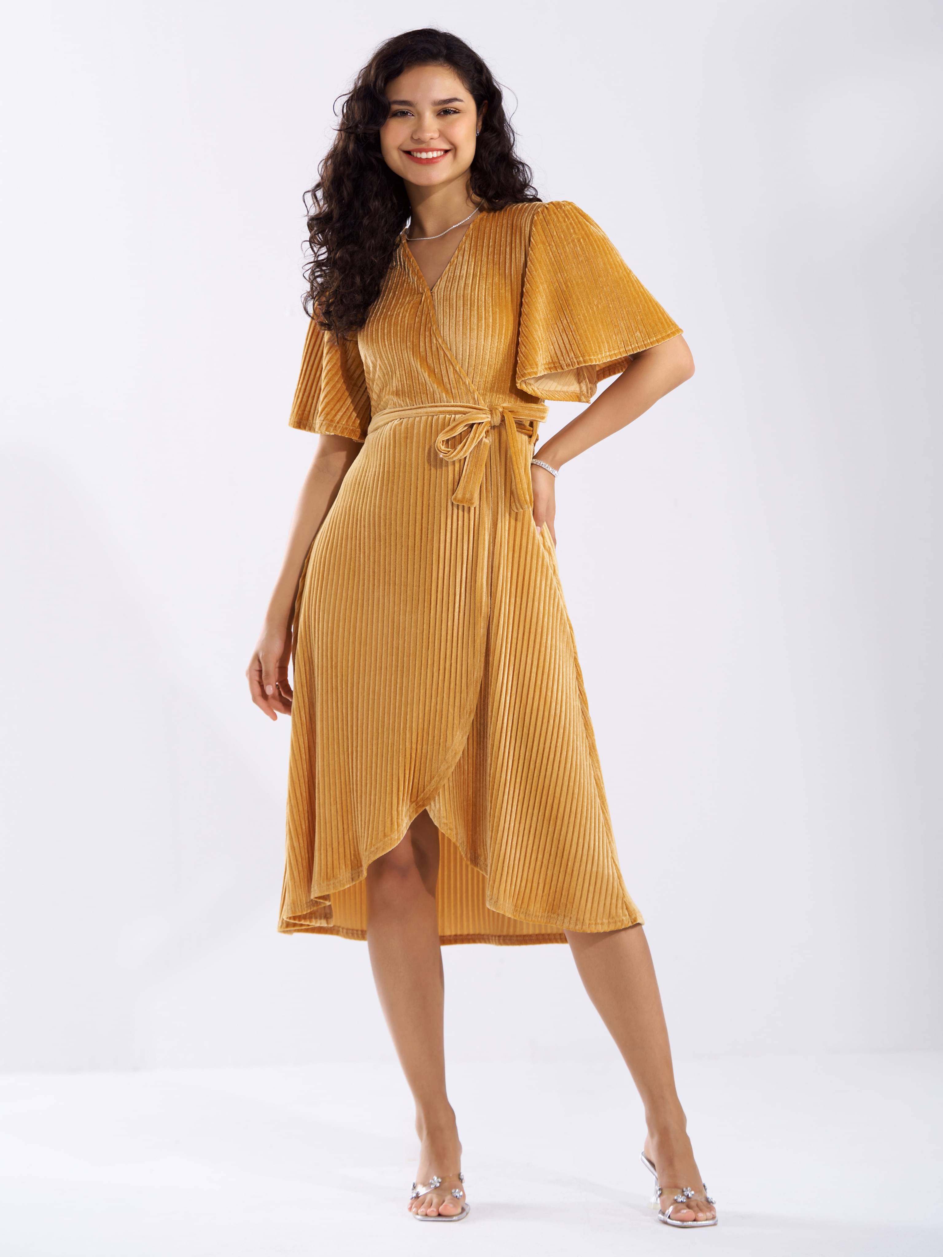 aask Women Velvet Solid Fit & Flare Dress ( Gold ) aask Women Velvet Solid Fit & Flare Dress ( Gold )
