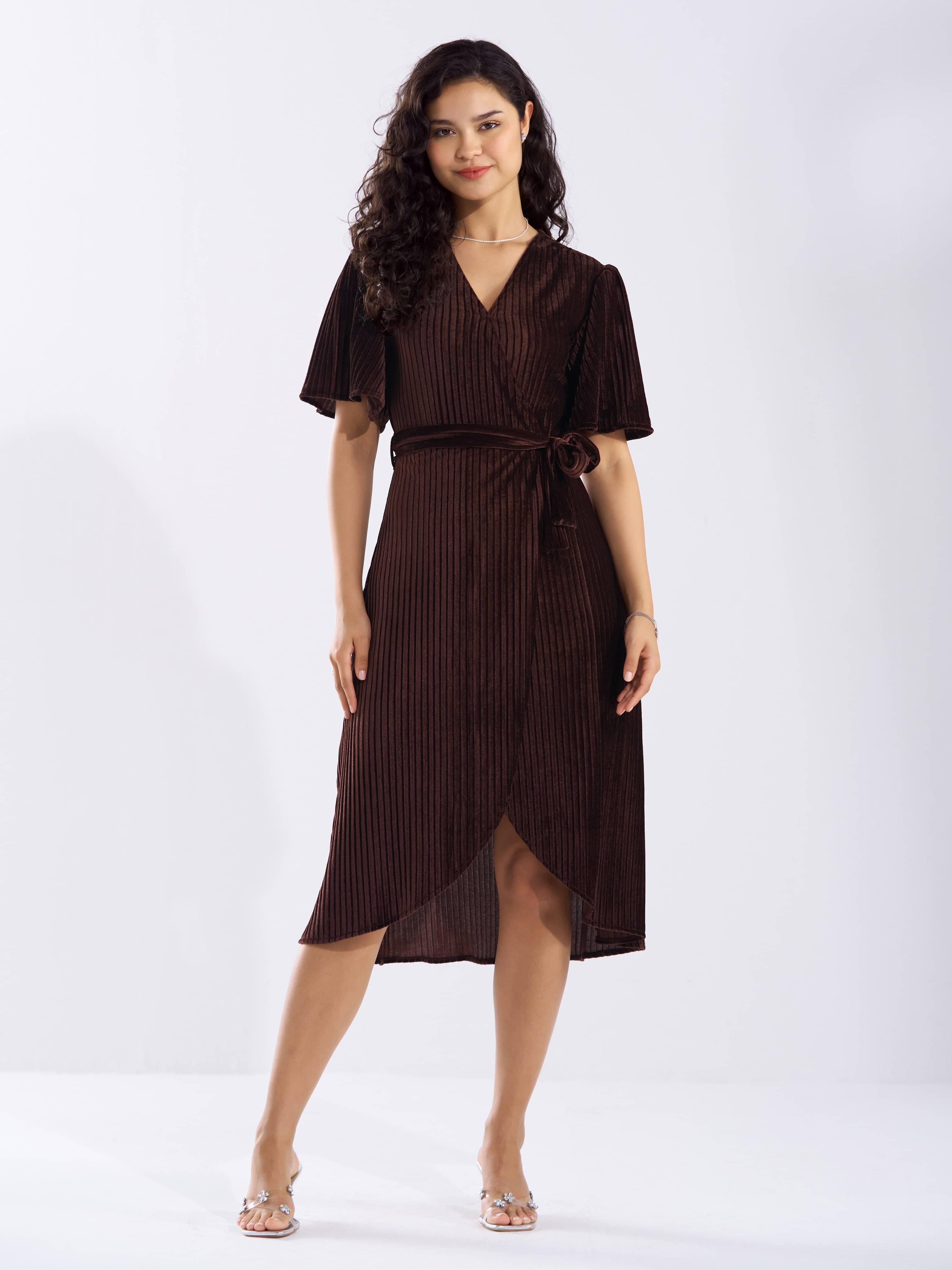 aask Women Velvet Solid Fit & Flare Dress ( Brown ) aask Women Velvet Solid Fit & Flare Dress ( Brown )