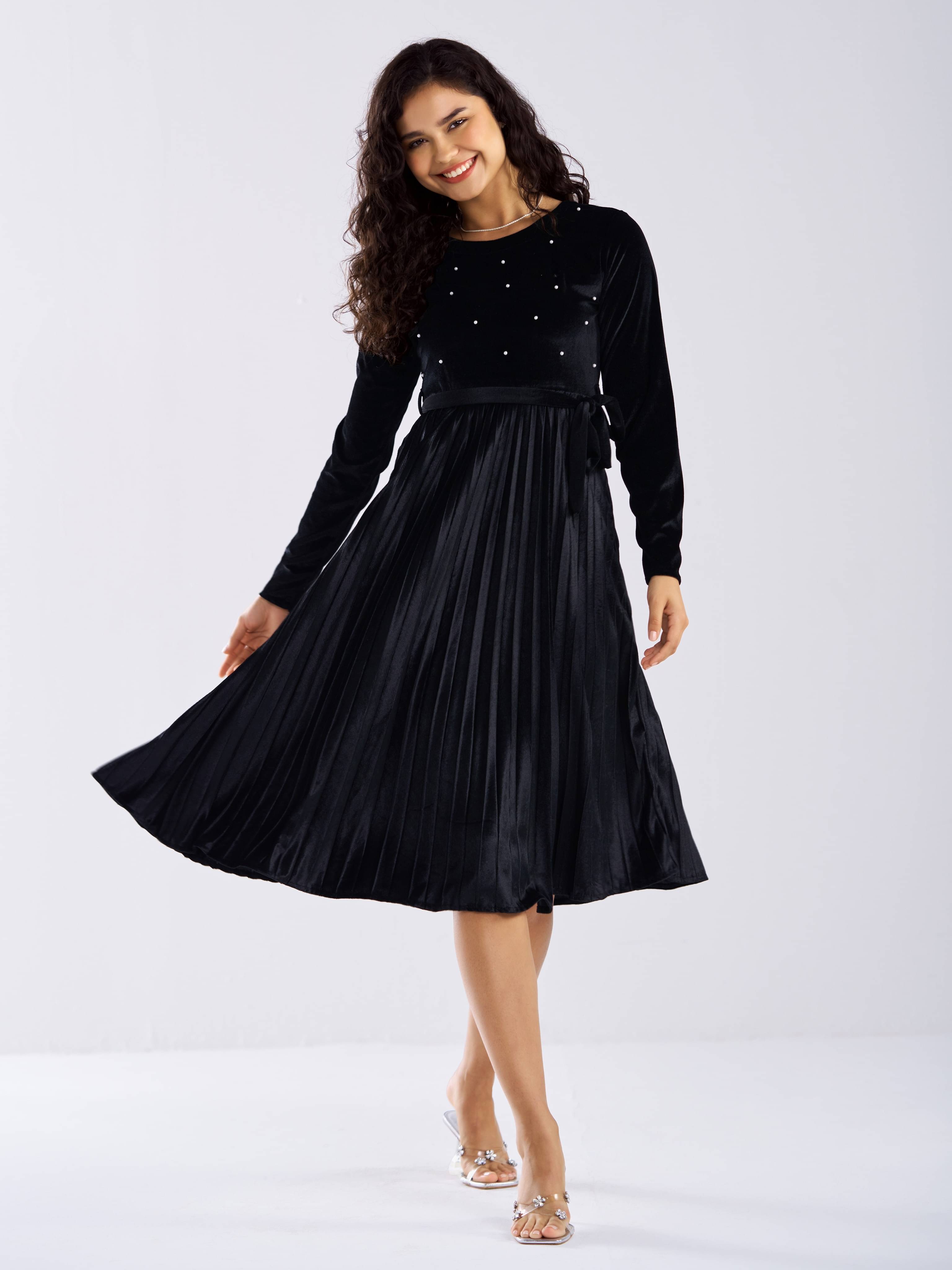aask Women Velvet Solid Fit & Flare Dress ( Black ) aask Women Velvet Solid Fit & Flare Dress ( Black )