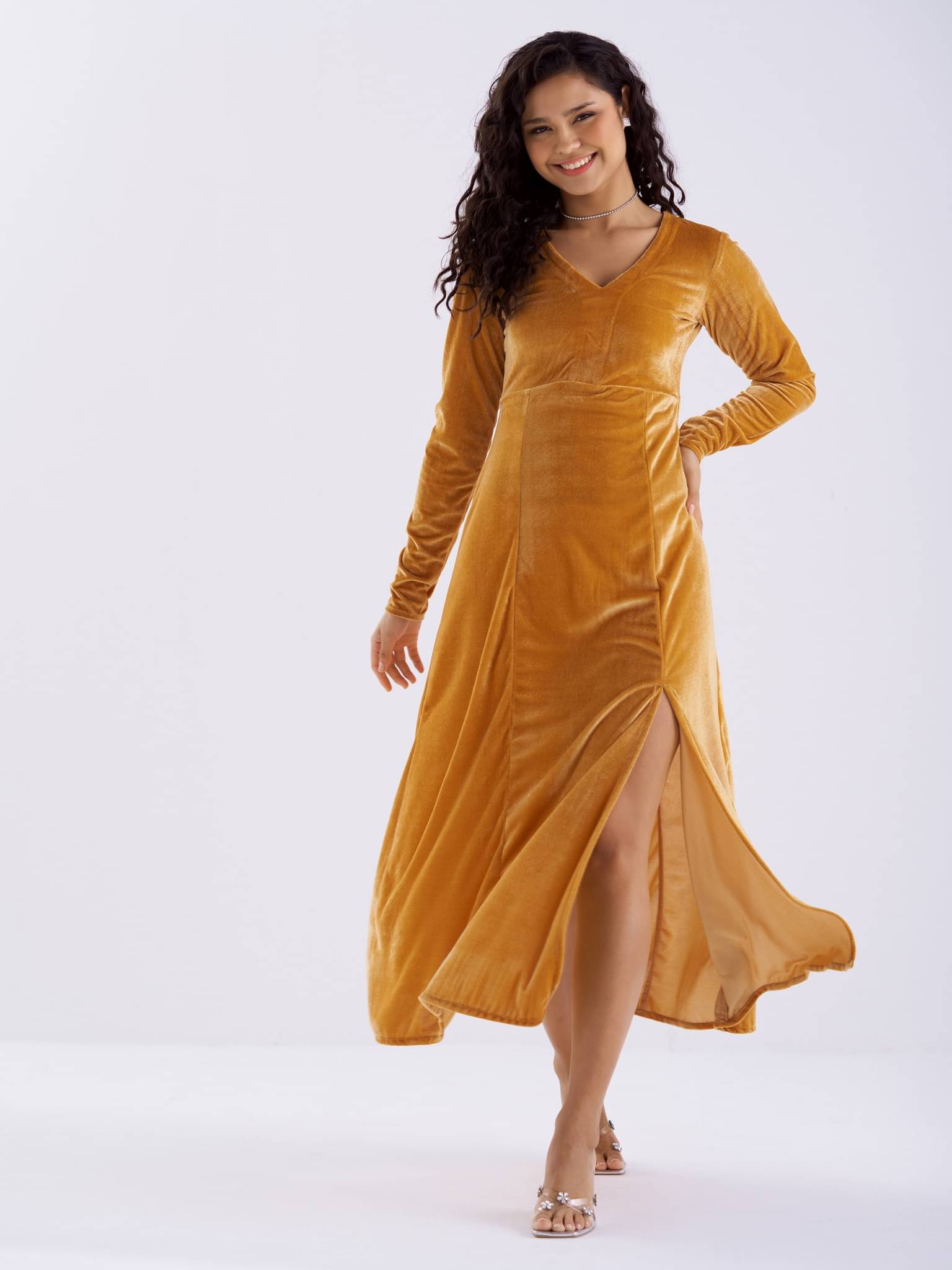 aask Women Velvet Solid Fit & Flare Dress ( Gold ) aask Women Velvet Solid Fit & Flare Dress ( Gold )