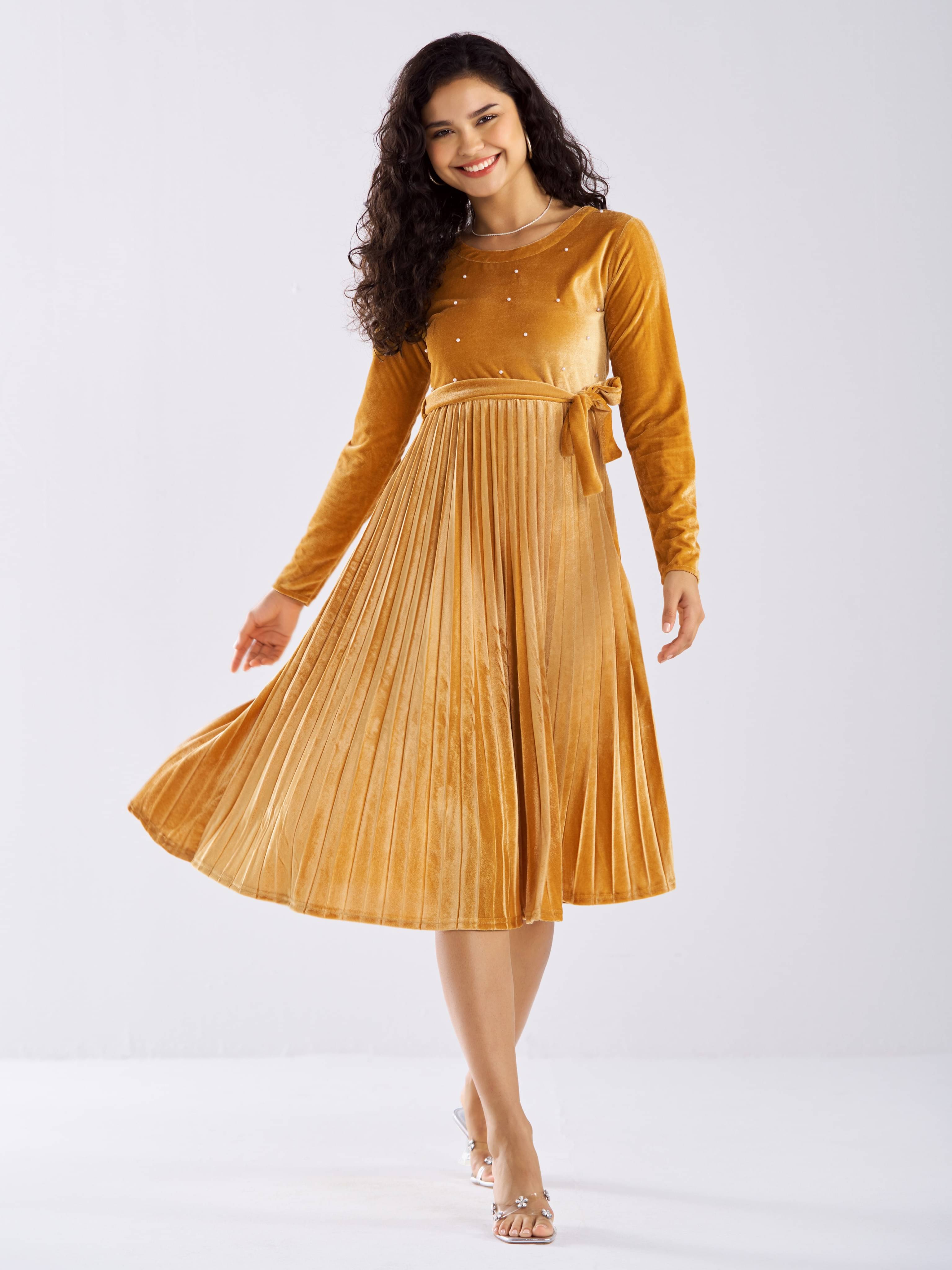     			aask Women Velvet Solid Fit & Flare Dress ( Gold )