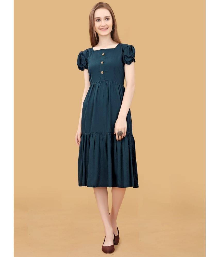 JASH CREATION Women Polyester Solid Fit & Flare Dress ( Blue ) JASH CREATION Women Polyester Solid Fit & Flare Dress ( Blue )