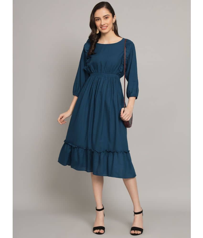 JASH CREATION Women Polyester Solid Fit & Flare Dress ( Blue )