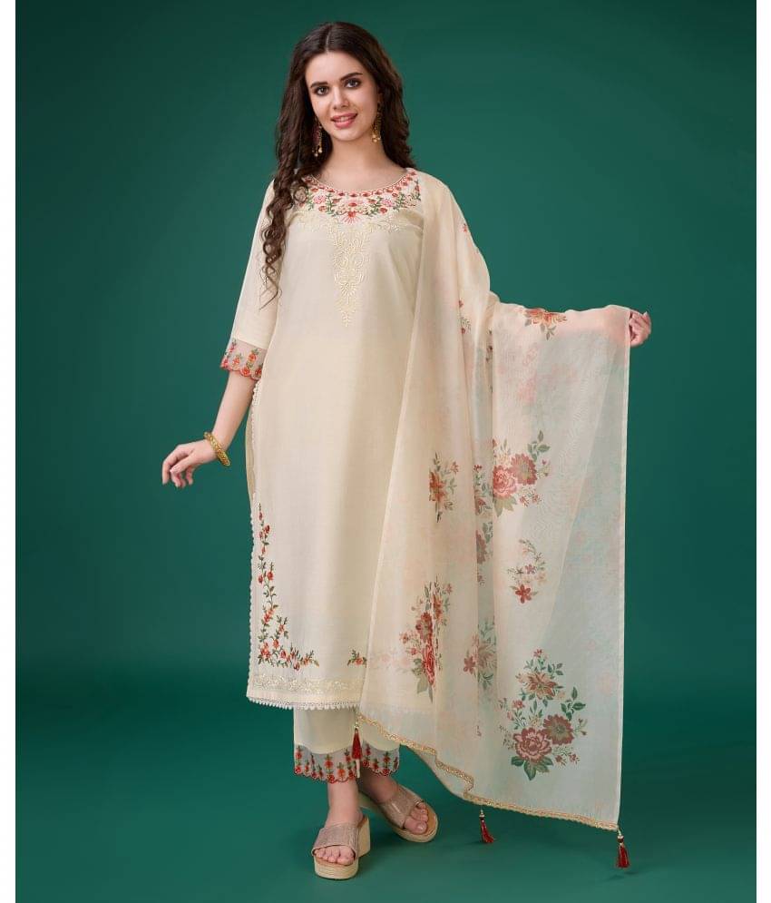     			MOJILAA Viscose Embroidered Kurti With Pants Women's Stitched Salwar Suit - Cream ( Pack of 1 )