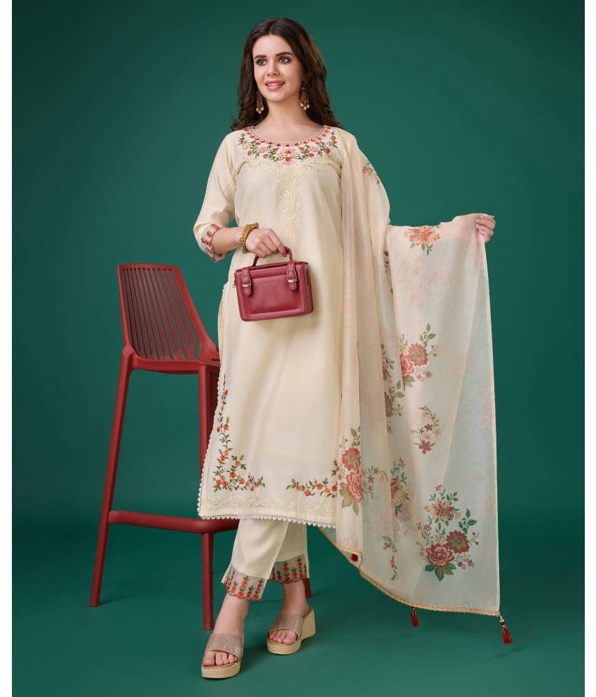MOJILAA Viscose Embroidered Kurti With Pants Women's Stitched Salwar Suit - Cream ( Pack of 1 ) MOJILAA Viscose Embroidered Kurti With Pants Women's Stitched Salwar Suit - Cream ( Pack of 1 )