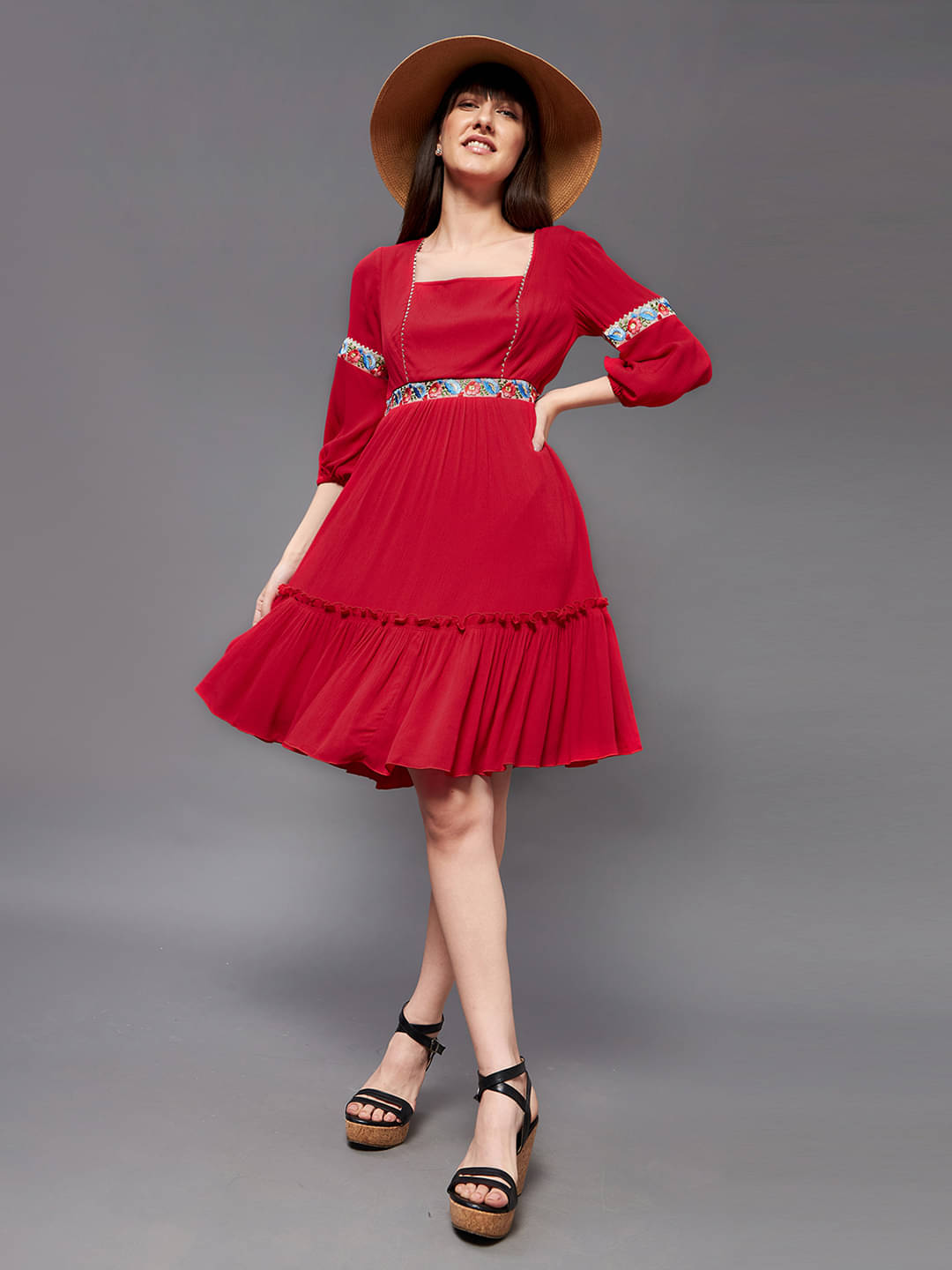     			Miss Chase Women Rayon Solid Fit & Flare Dress ( Red )