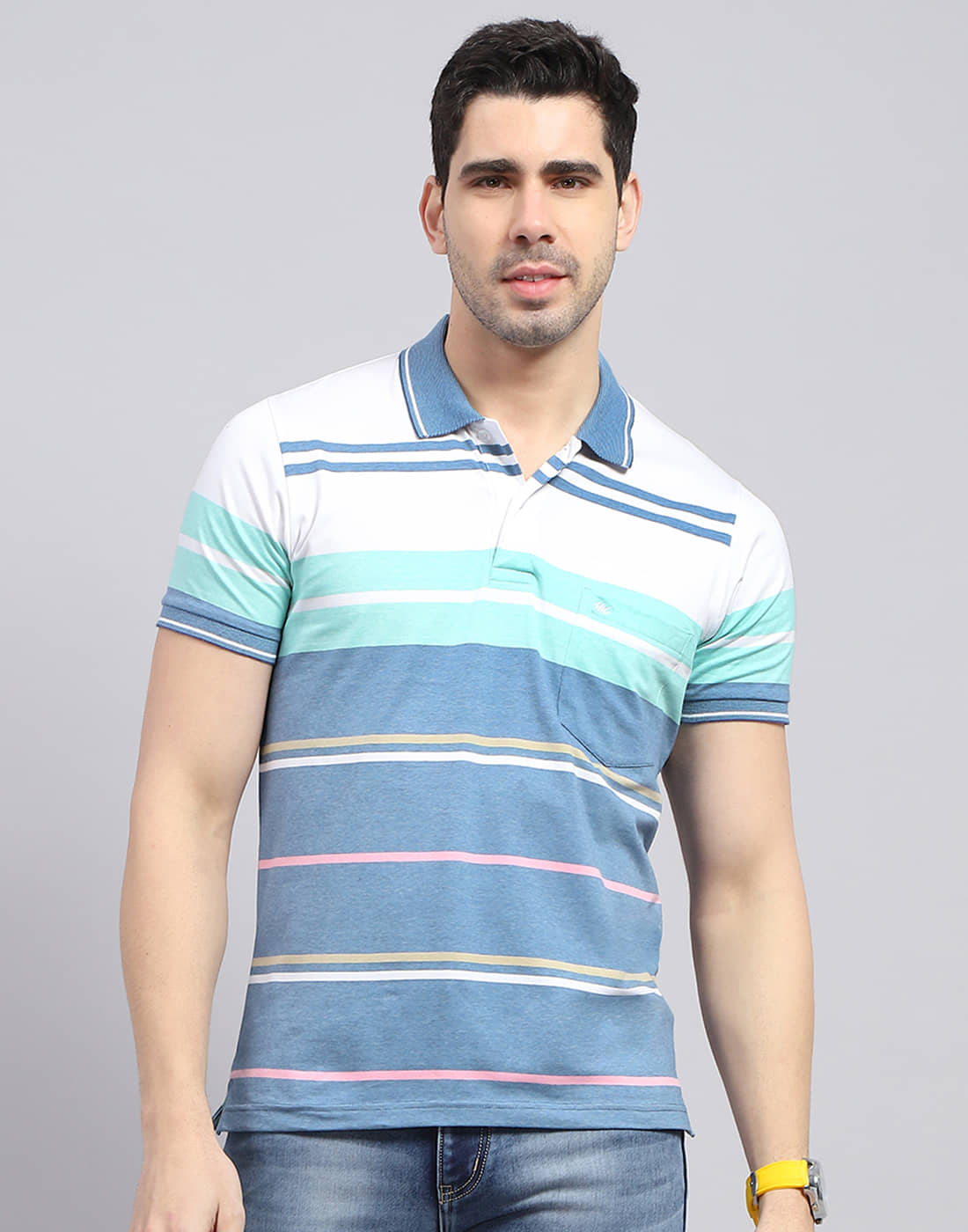 Monte Carlo Cotton Blend Regular Fit Striped Half Sleeves Men's Polo T Shirt - Blue ( Pack of 1 )
