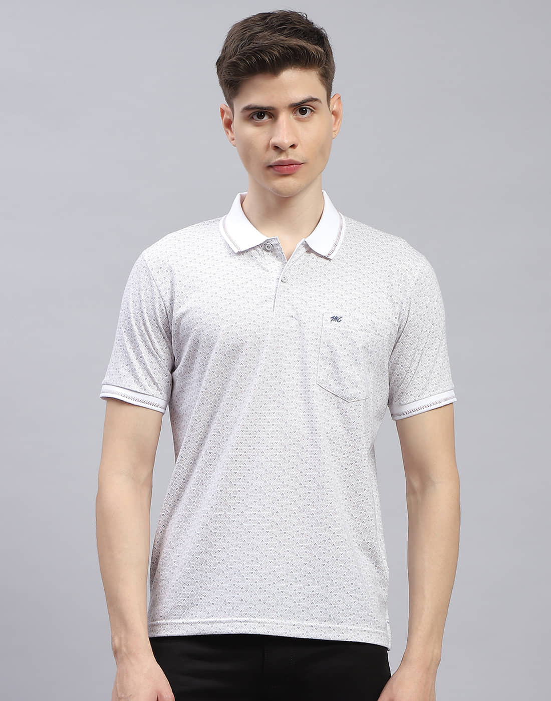 Monte Carlo Pack of 1 Cotton Blend Regular Fit Printed Half Sleeves Men's Polo T Shirt ( White )