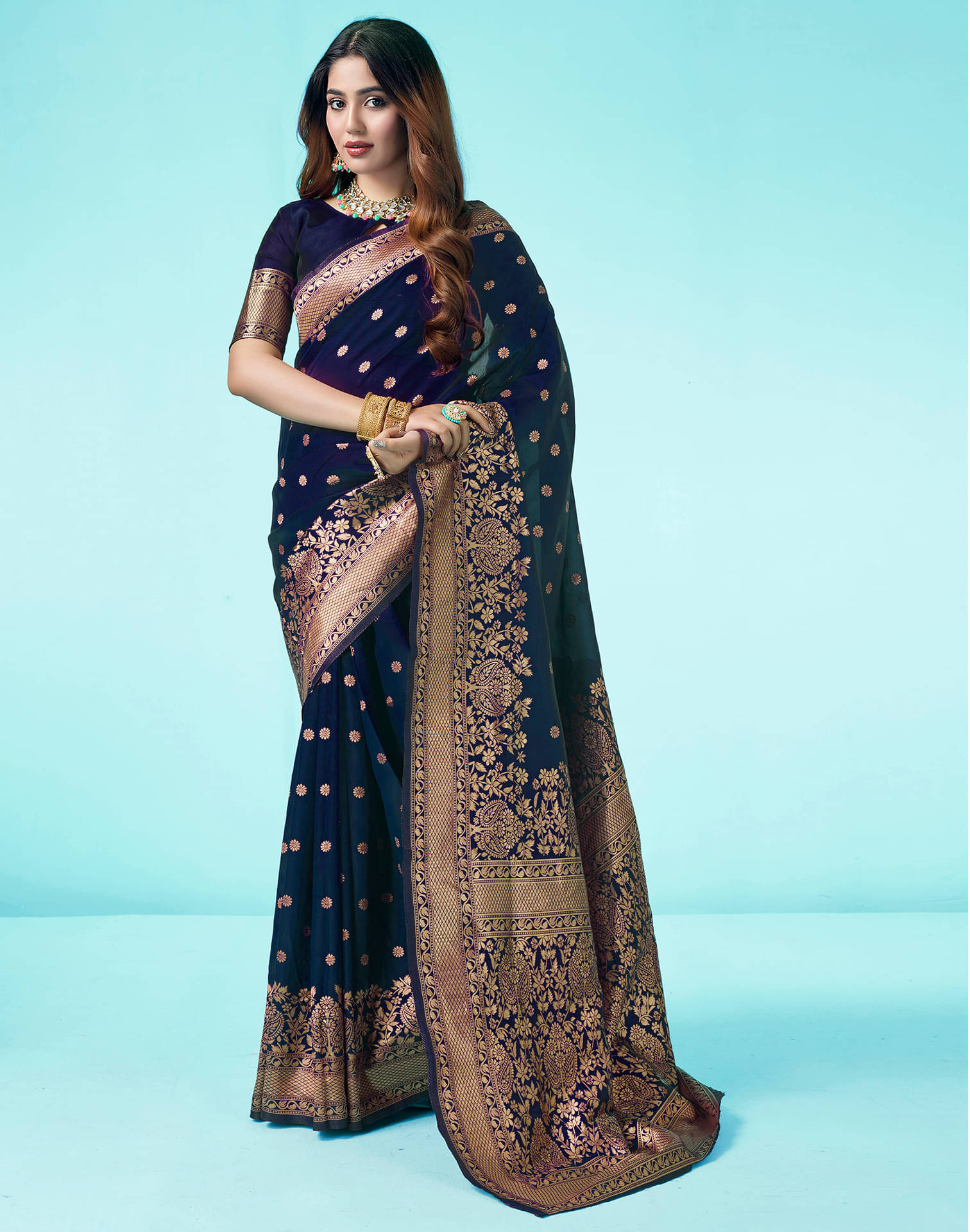     			Samah Art Silk Self Design Saree With Unstitched Blouse Piece ( Navy Blue )
