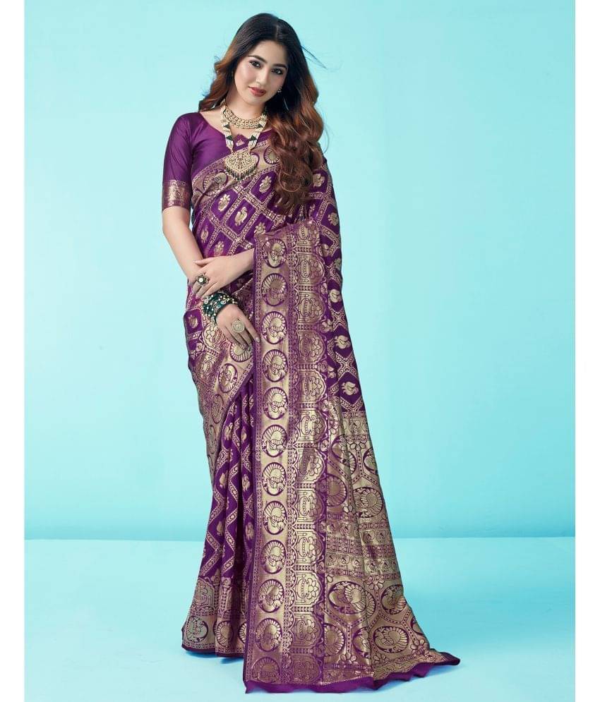     			Samah Art Silk Self Design Saree With Unstitched Blouse Piece ( Purple )