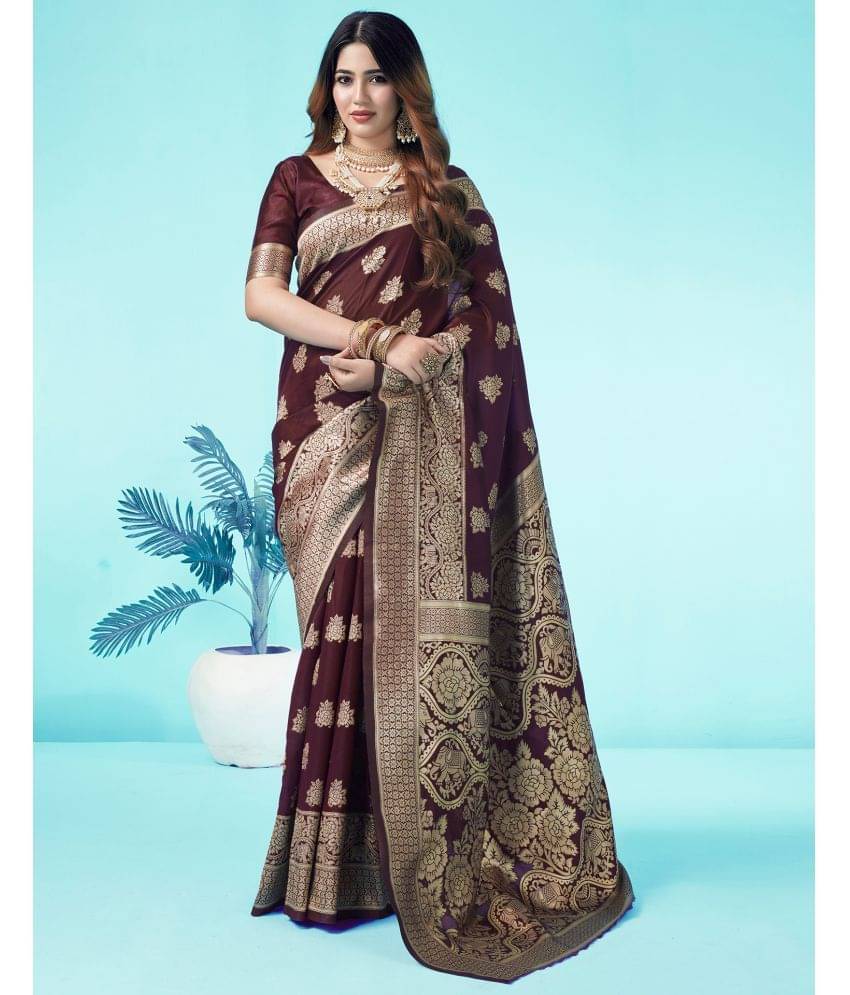 Samah Art Silk Self Design Saree With Unstitched Blouse Piece ( Brown ) Samah Art Silk Self Design Saree With Unstitched Blouse Piece ( Brown )