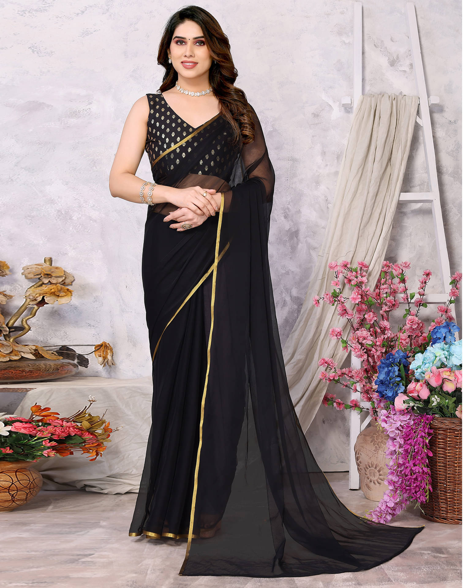    			Samah Chiffon Dyed Saree With Unstitched Blouse Piece ( Black )