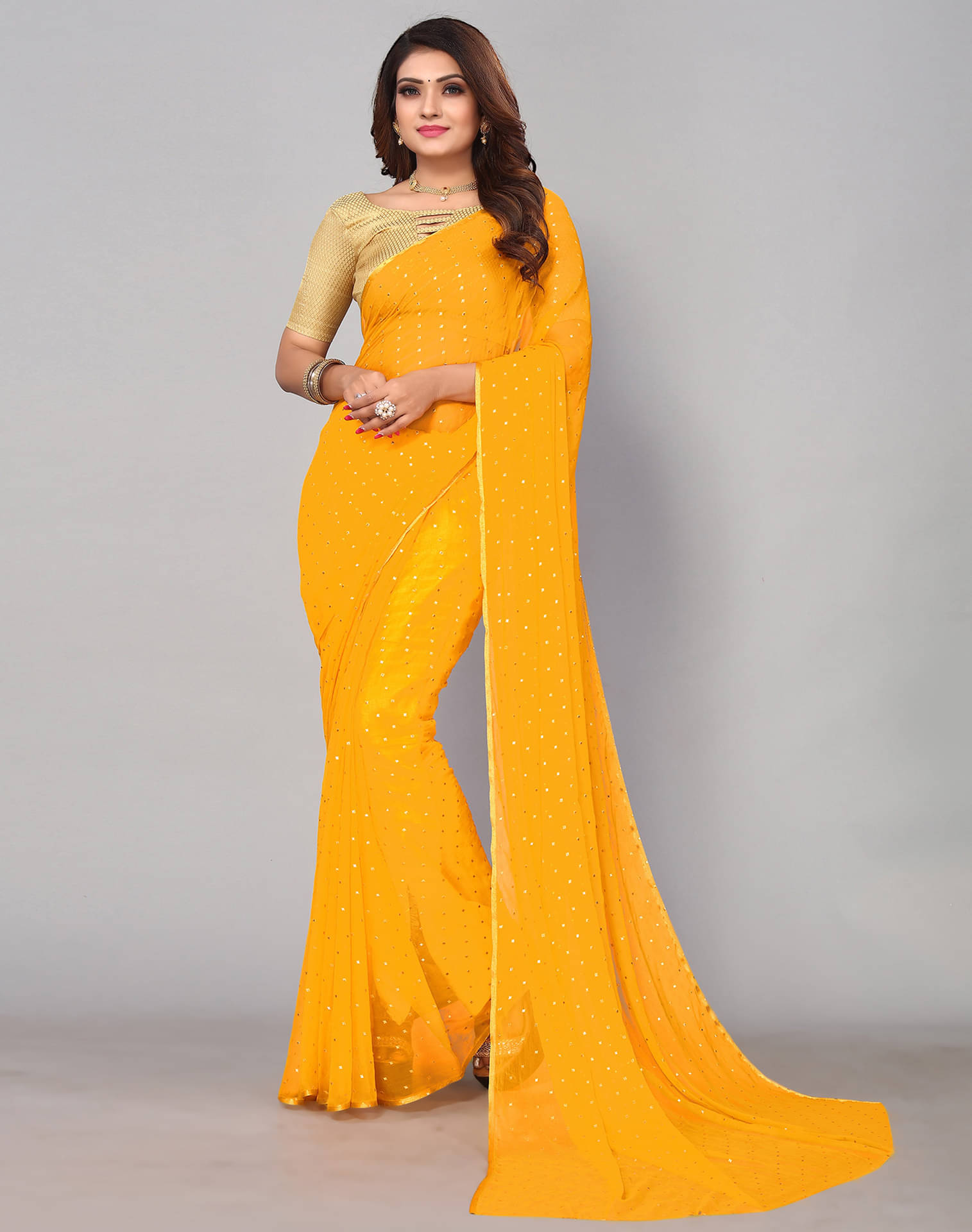     			Samah Chiffon Embellished Saree With Unstitched Blouse Piece ( Yellow )