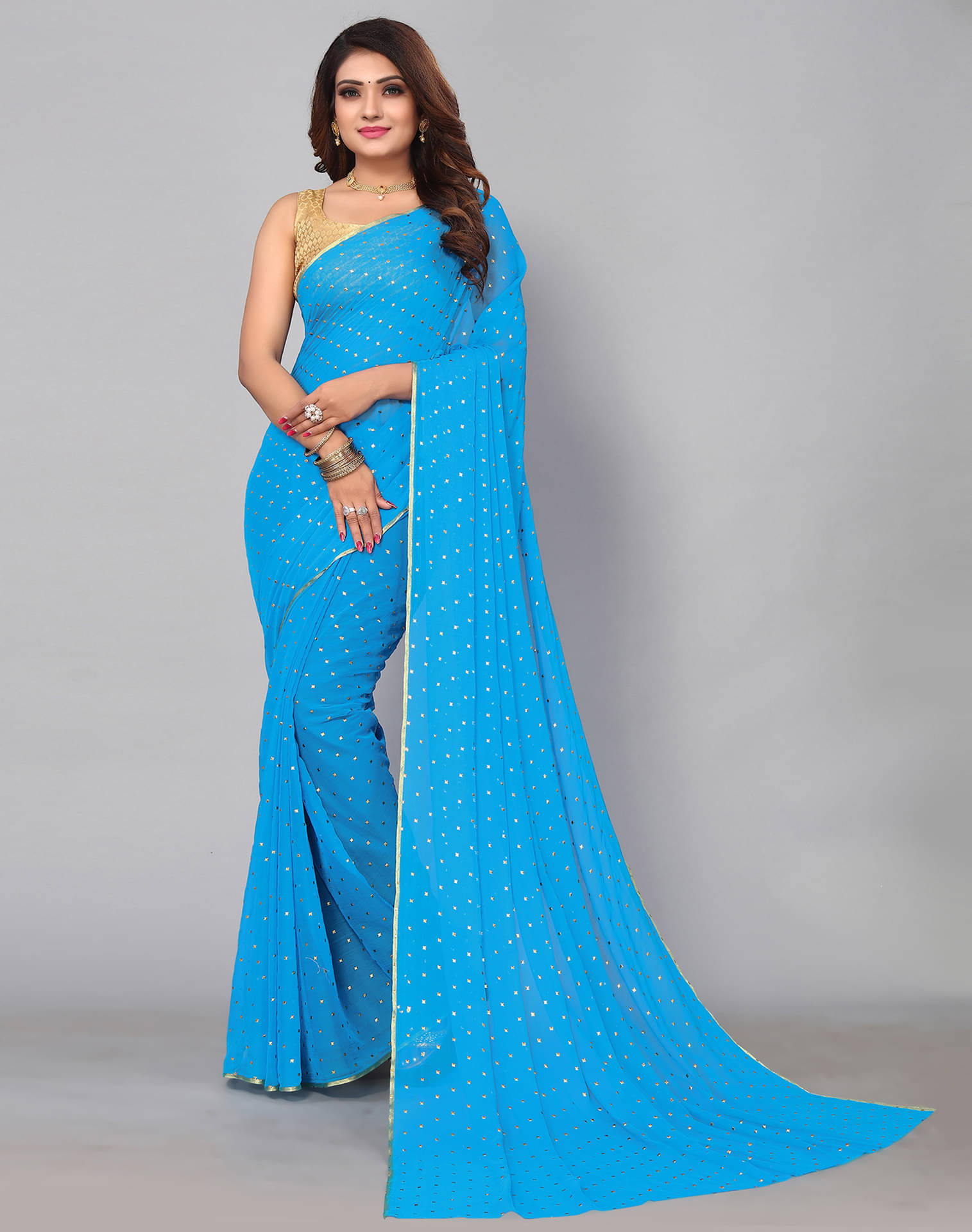 Samah Chiffon Embellished Saree With Unstitched Blouse Piece ( Light Blue ) Samah Chiffon Embellished Saree With Unstitched Blouse Piece ( Light Blue )