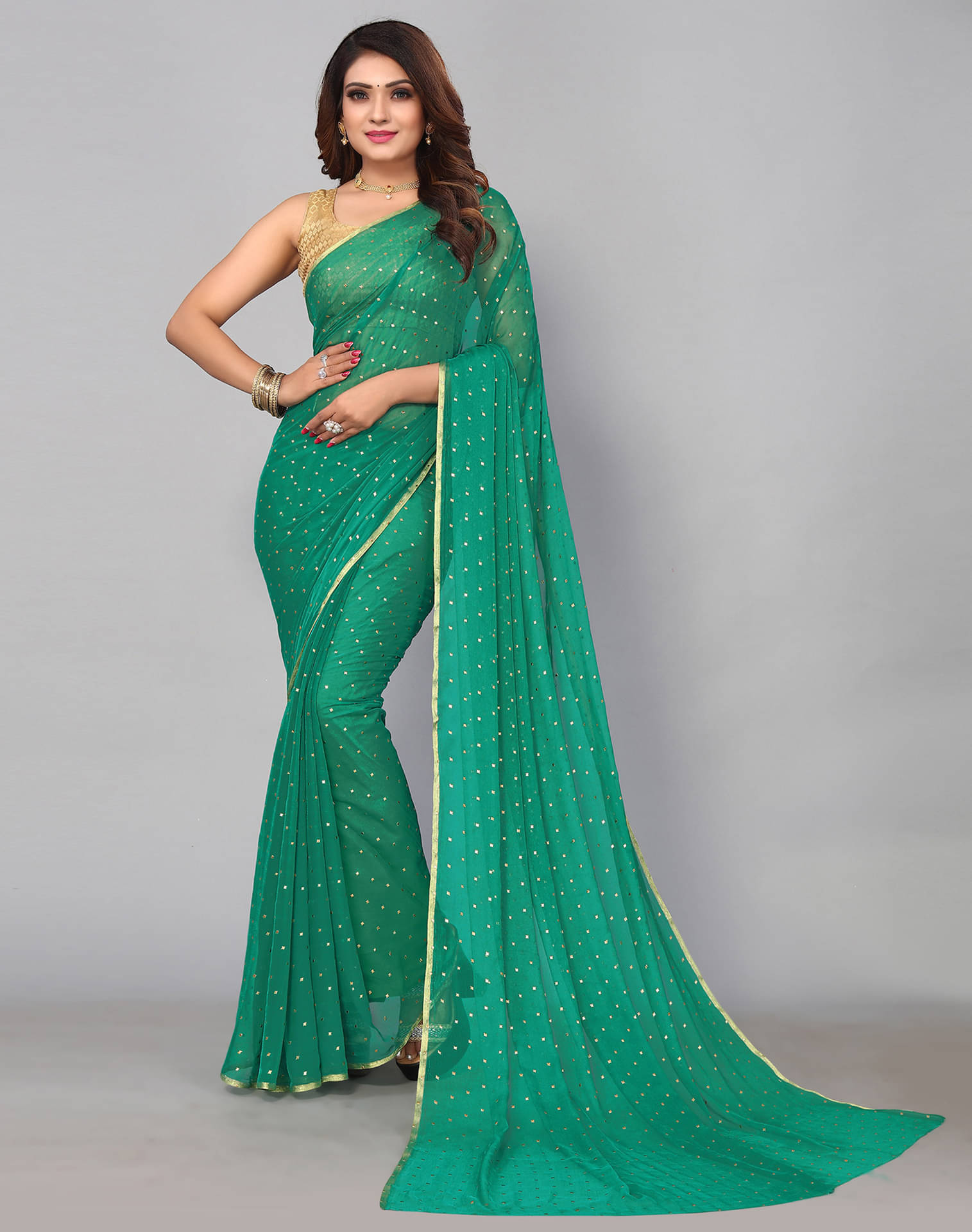     			Samah Chiffon Embellished Saree With Unstitched Blouse Piece ( Green )