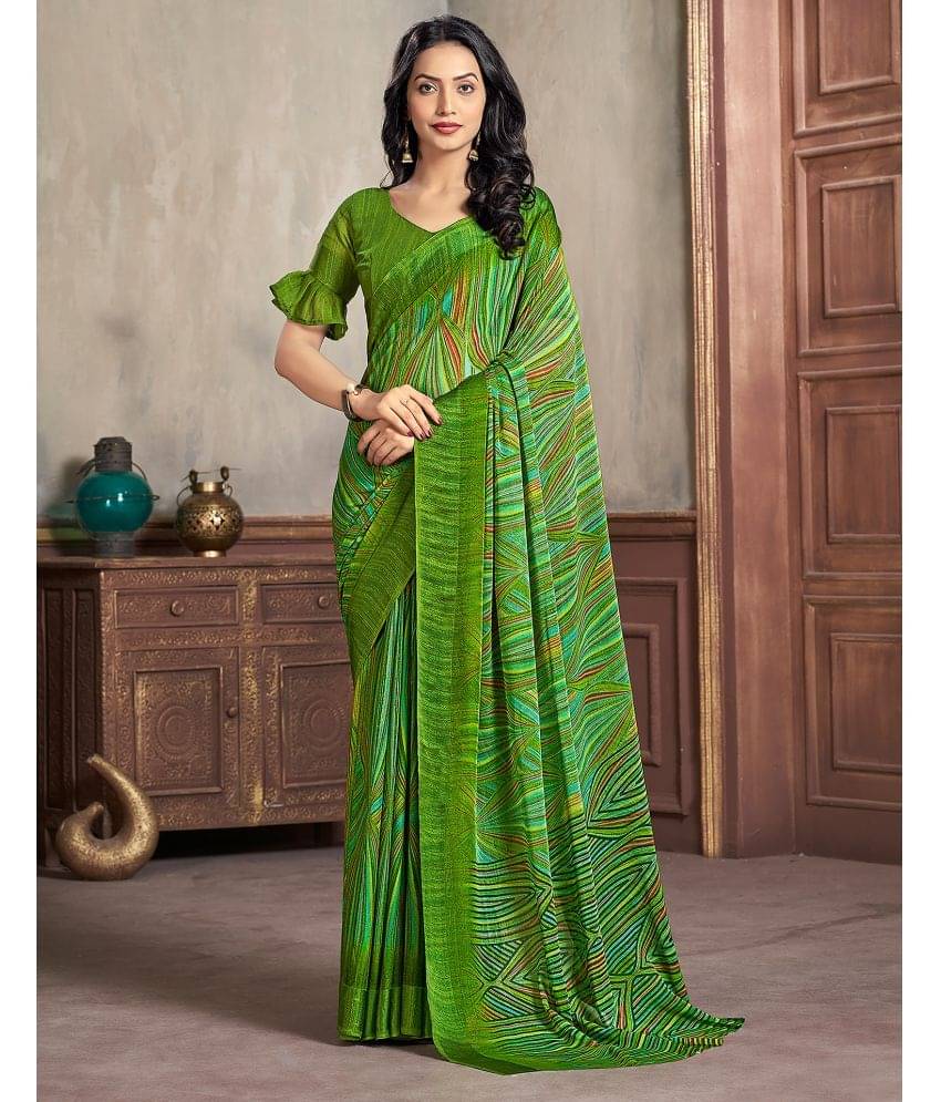     			Samah Chiffon Printed Saree With Unstitched Blouse Piece ( LightGreen )