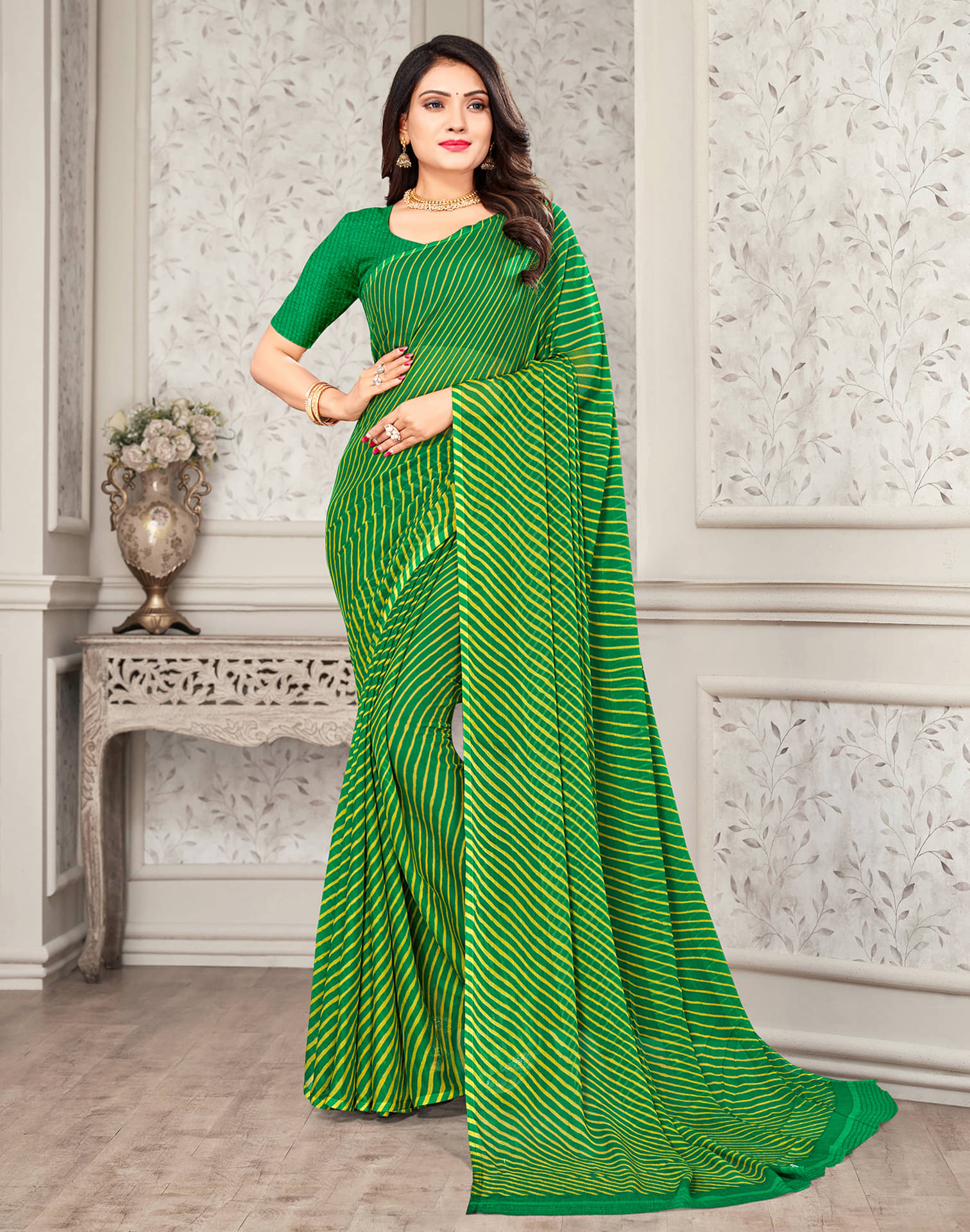    			Samah Chiffon Printed Saree With Unstitched Blouse Piece ( Green )