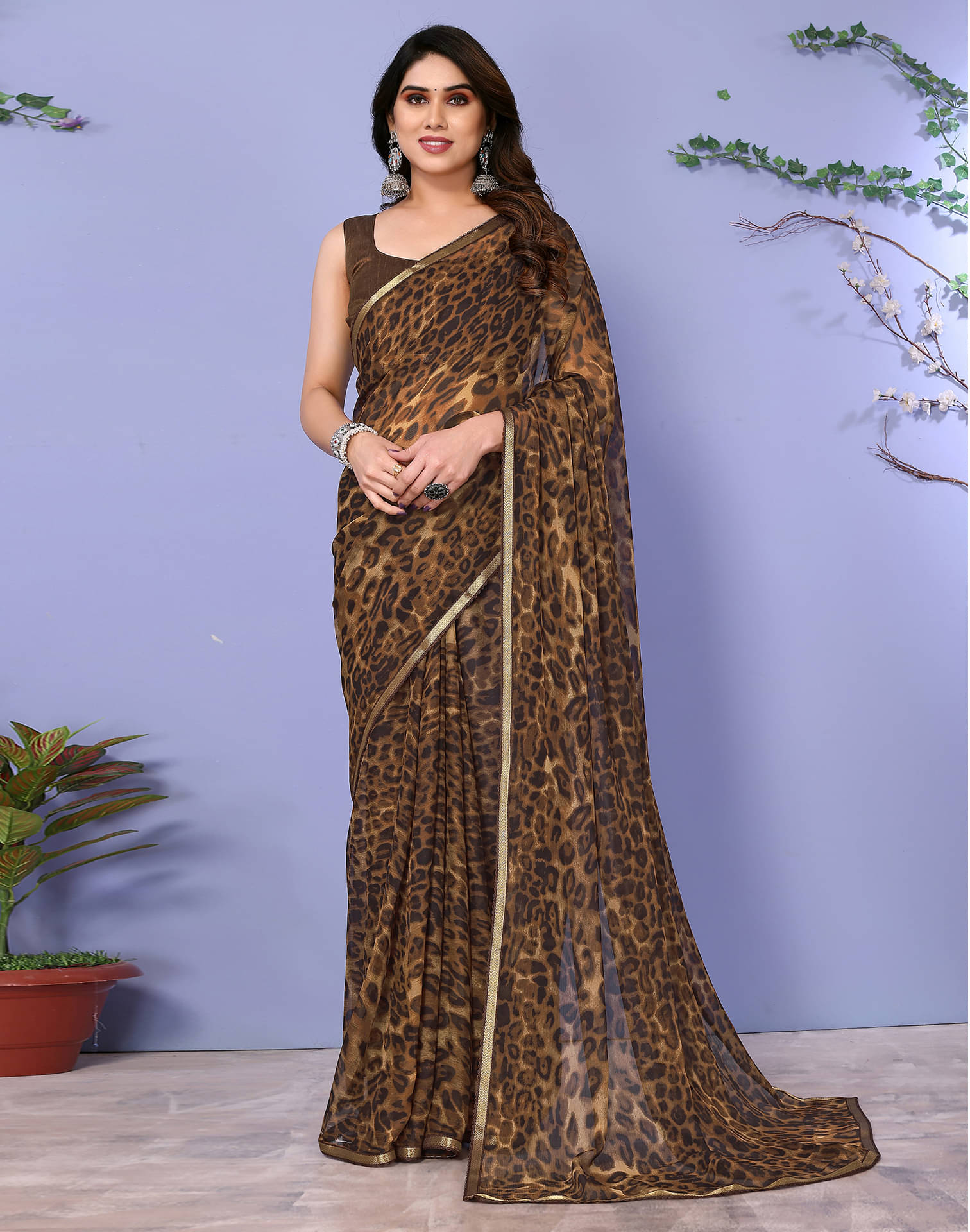Samah Chiffon Printed Saree With Unstitched Blouse Piece ( Bronze ) Samah Chiffon Printed Saree With Unstitched Blouse Piece ( Bronze )