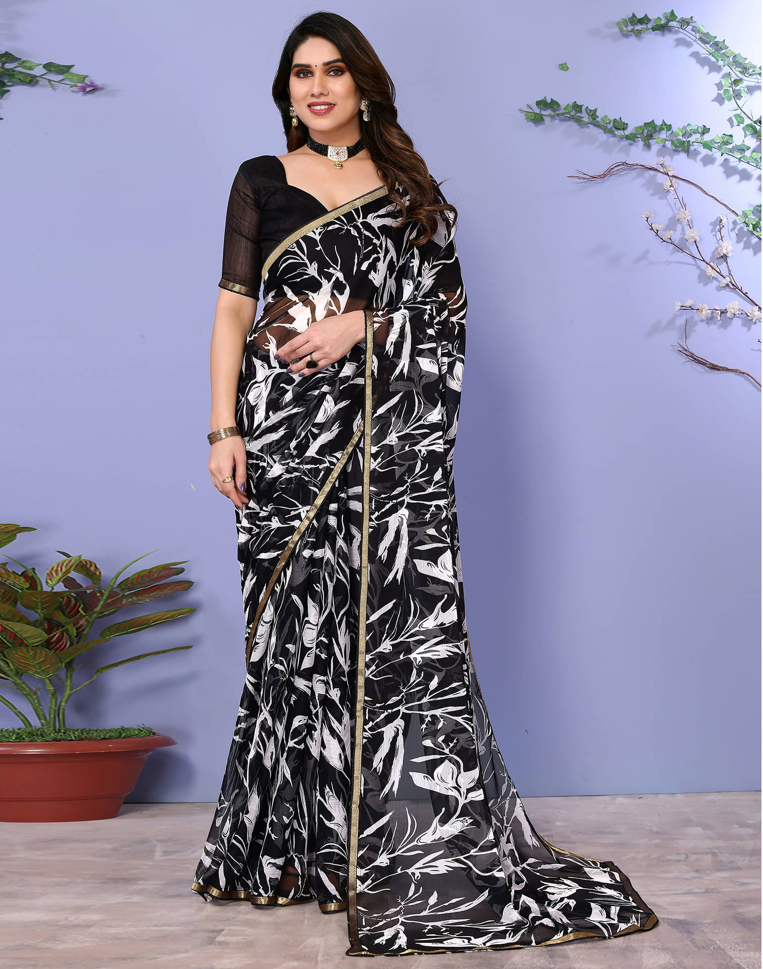     			Samah Chiffon Printed Saree With Unstitched Blouse Piece ( Coffee )