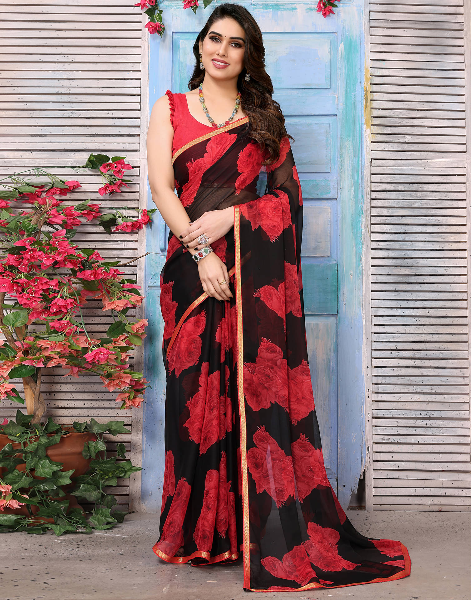 Samah Chiffon Printed Saree With Unstitched Blouse Piece ( Black ) Samah Chiffon Printed Saree With Unstitched Blouse Piece ( Black )