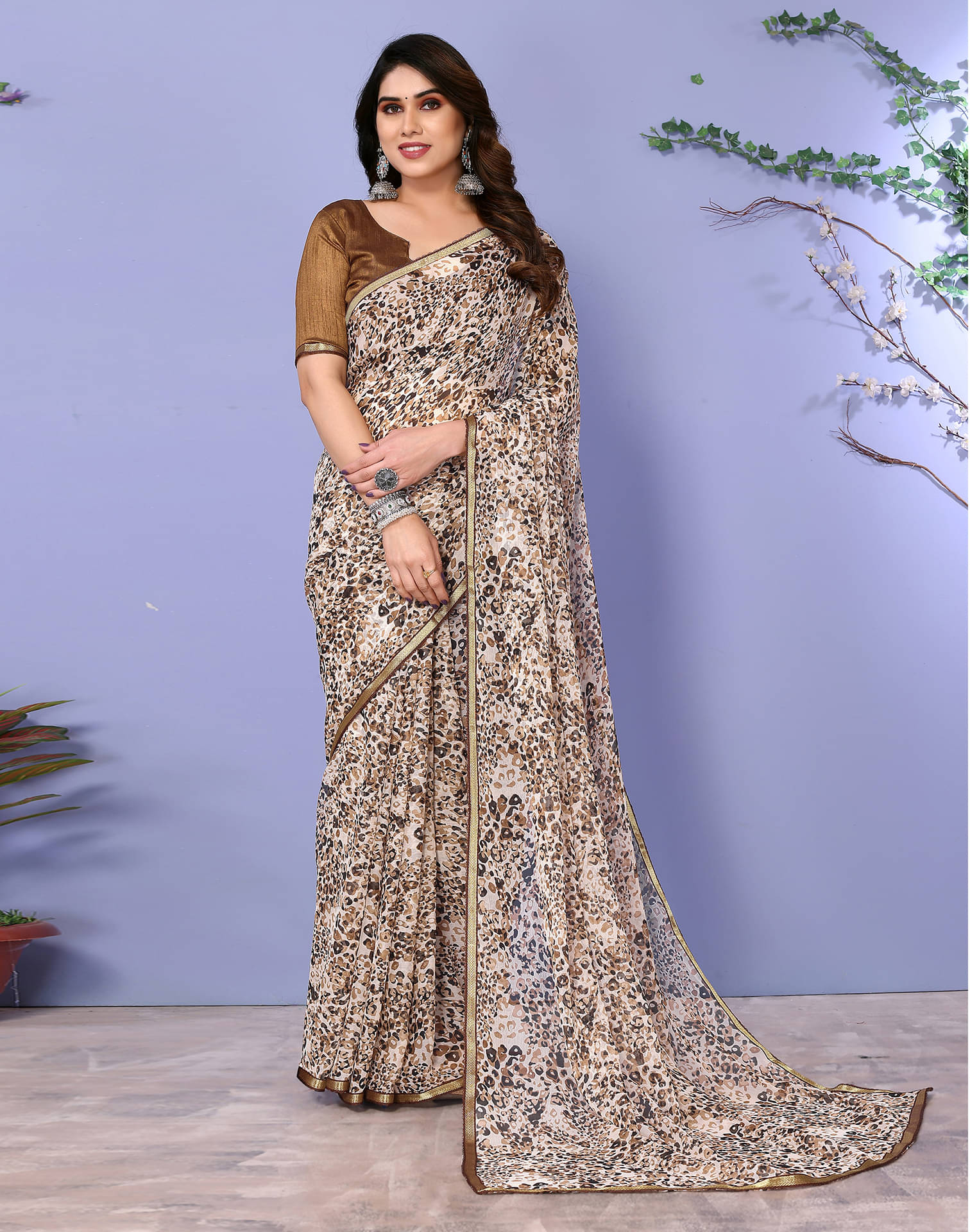     			Samah Chiffon Printed Saree With Unstitched Blouse Piece ( Beige )