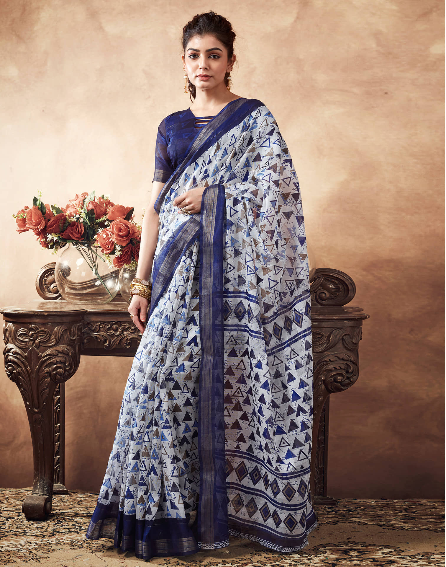 Samah Cotton Blend Printed Saree With Unstitched Blouse Piece ( Blue ) - Sarees | Buy online on ZillyBuy