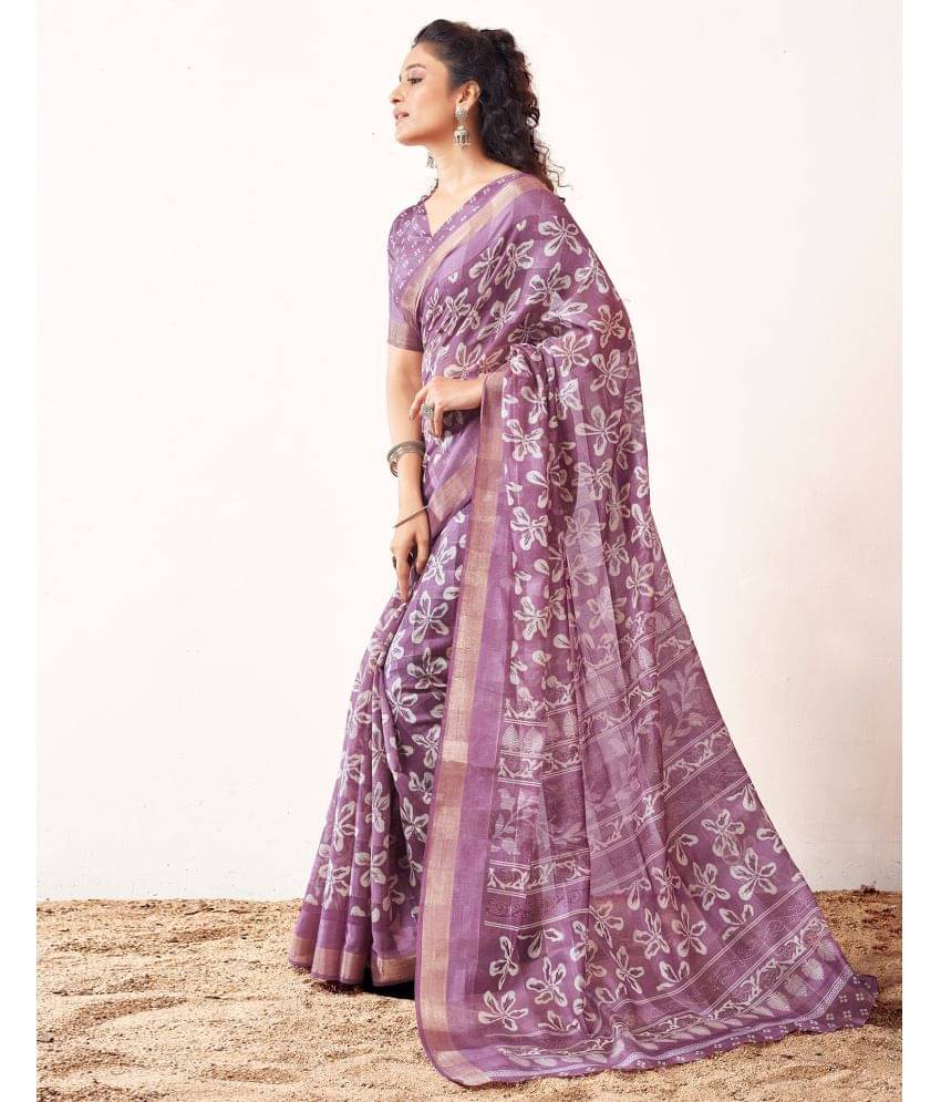     			Samah Cotton Blend Printed Saree With Unstitched Blouse Piece ( Lavender )