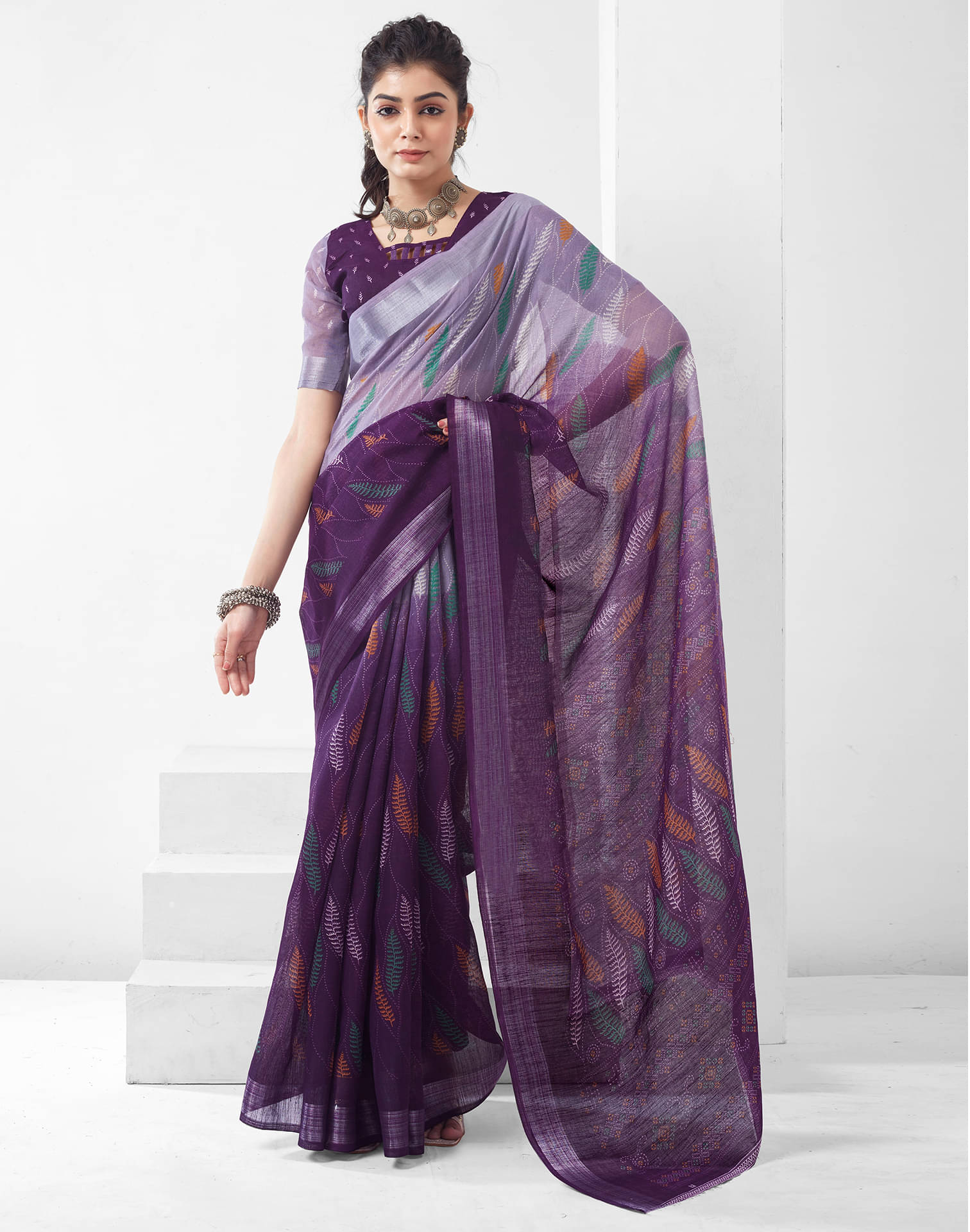 Samah Cotton Blend Printed Saree With Unstitched Blouse Piece ( Purple ) Samah Cotton Blend Printed Saree With Unstitched Blouse Piece ( Purple )