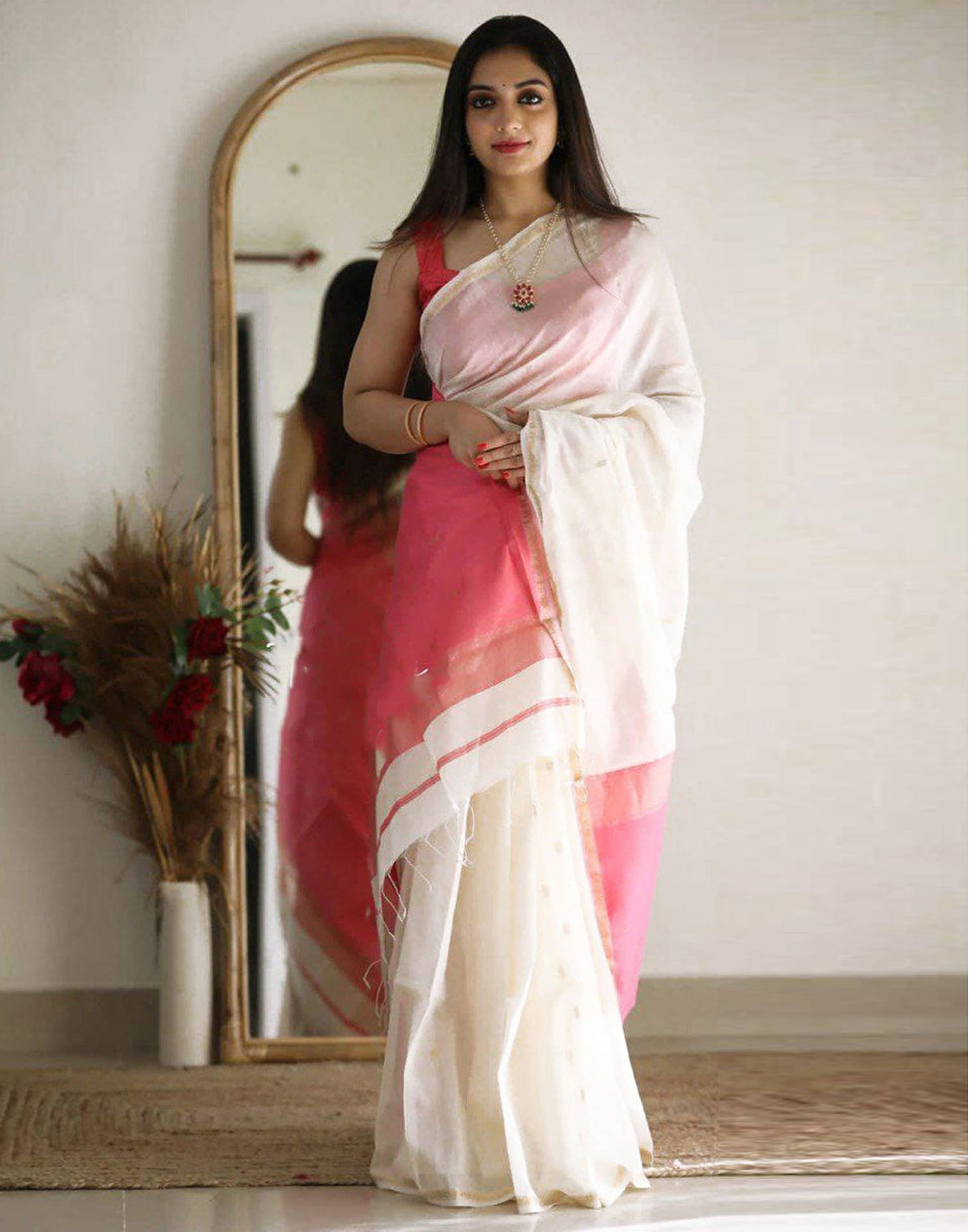     			Samah Cotton Blend Self Design Saree With Unstitched Blouse Piece ( Pink )