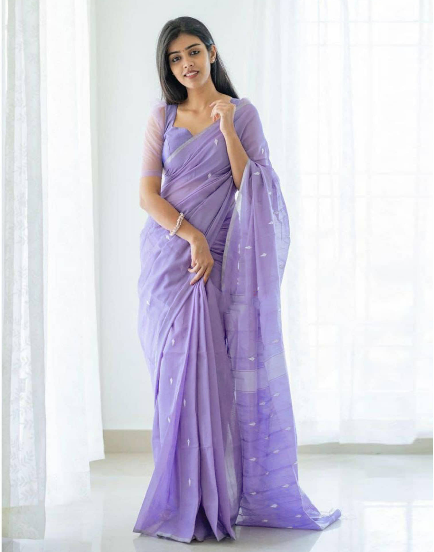 Samah Cotton Blend Self Design Saree With Unstitched Blouse Piece ( Lavender ) - Sarees | Buy online on ZillyBuy